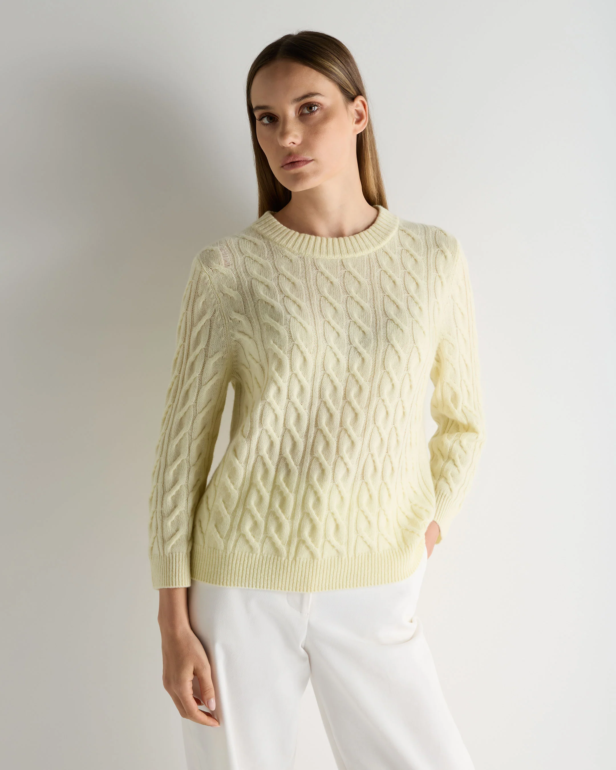 Women's Emilia Cable Round Neck Cashmere Jumper Butter Yellow