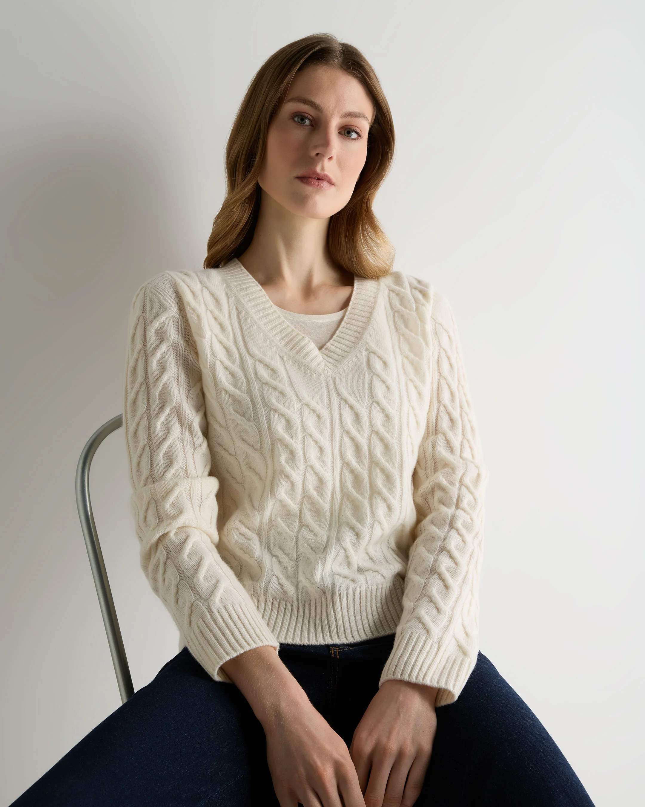 Women's Frankie Cable V Neck Cashmere Jumper New Ivory White