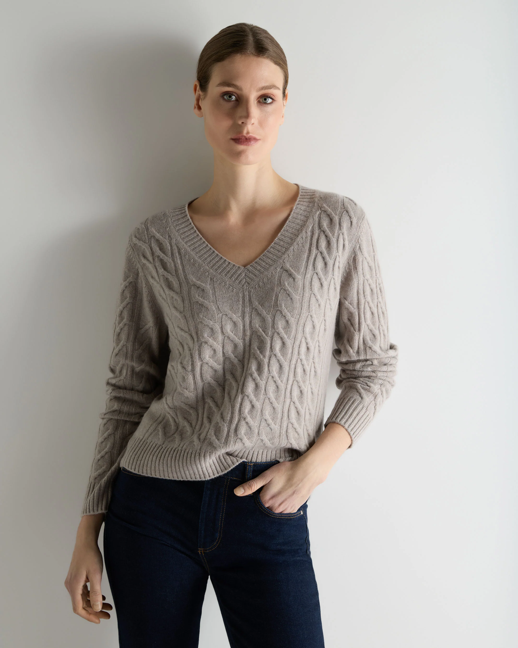 Women's Frankie Cable V Neck Cashmere Jumper Oat Grey