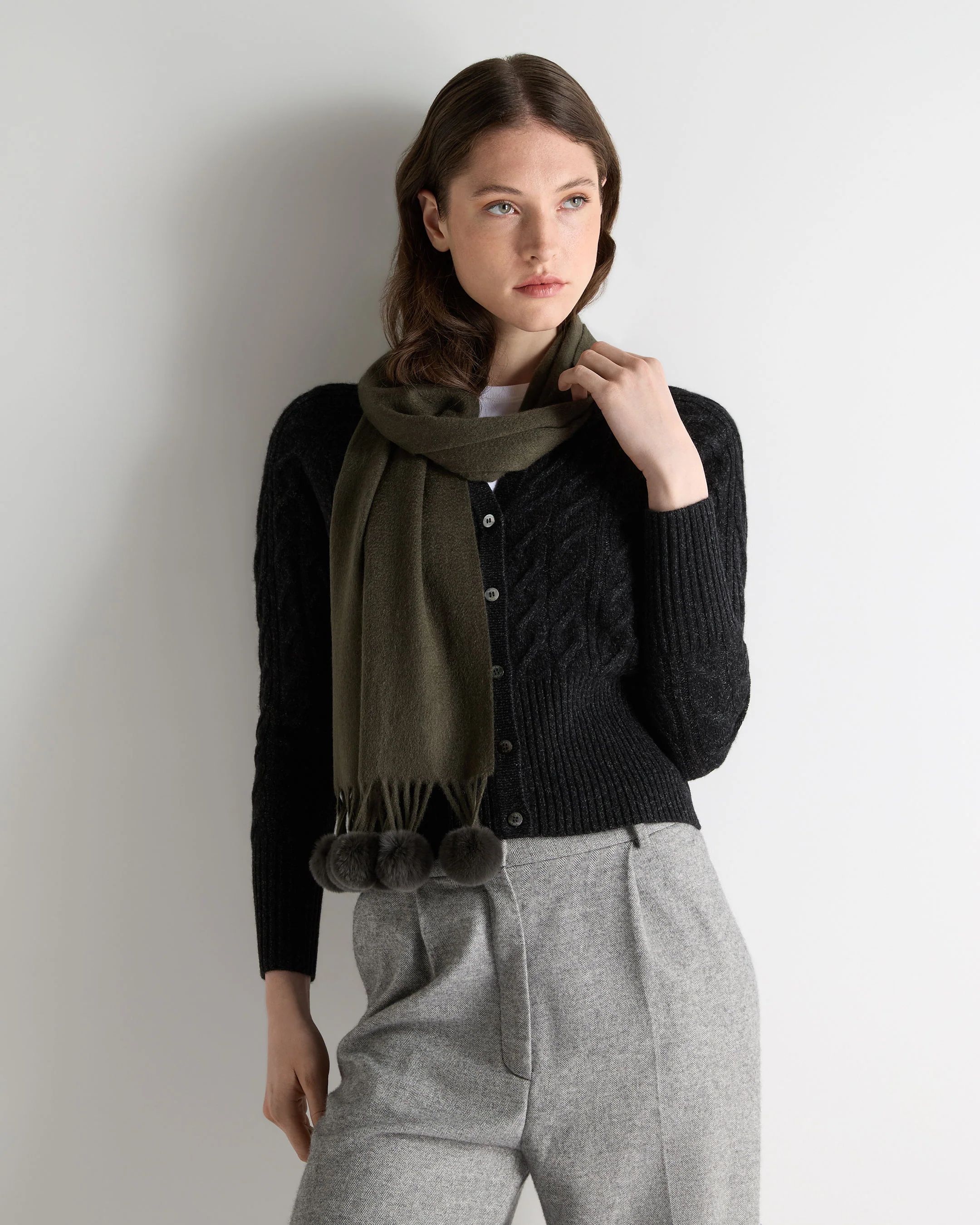 Women's Davos Fur Bobble Cashmere Scarf Arabica Khaki Green - Image 3