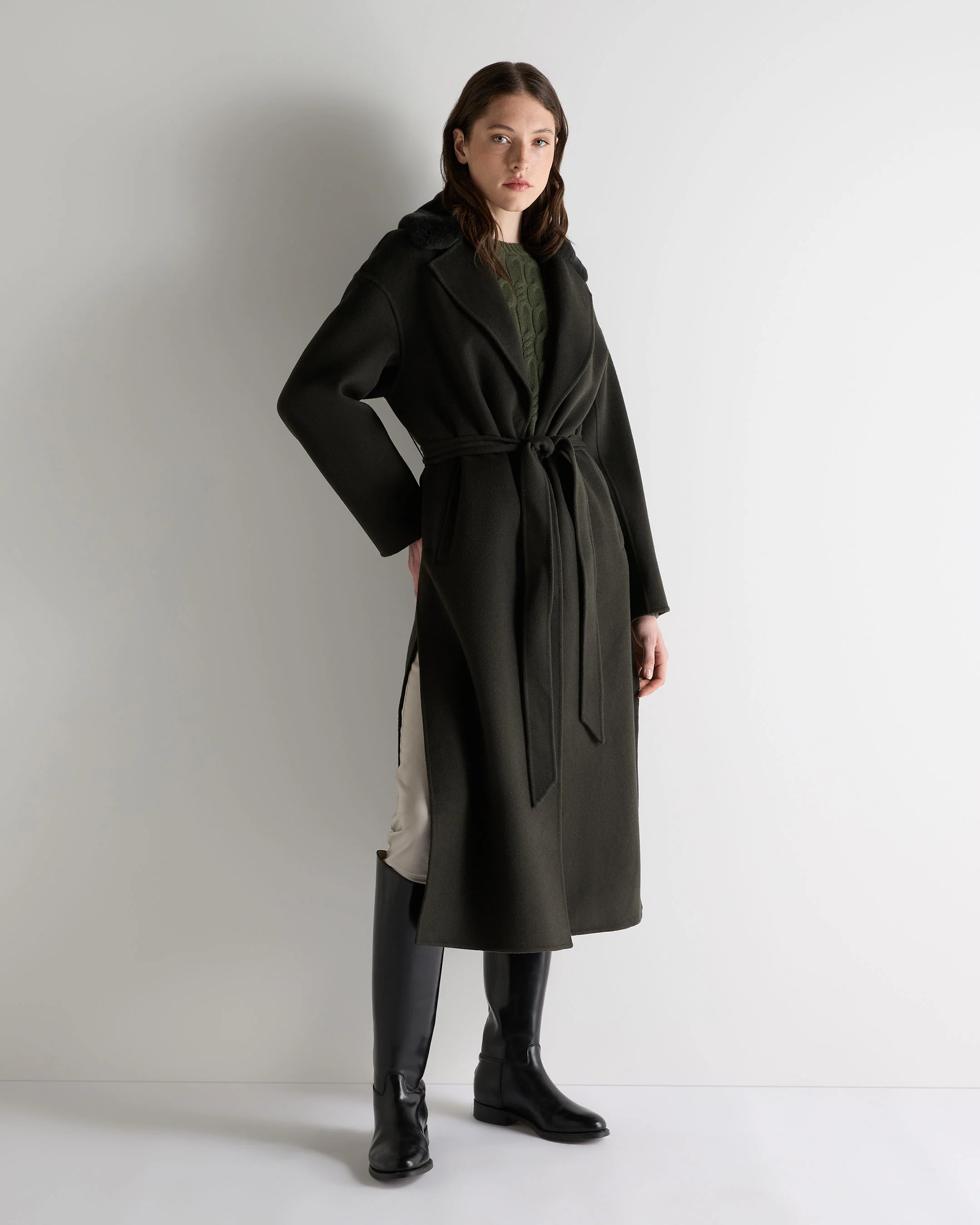 Women's Fur Collar Longline Coat Green - Image 3