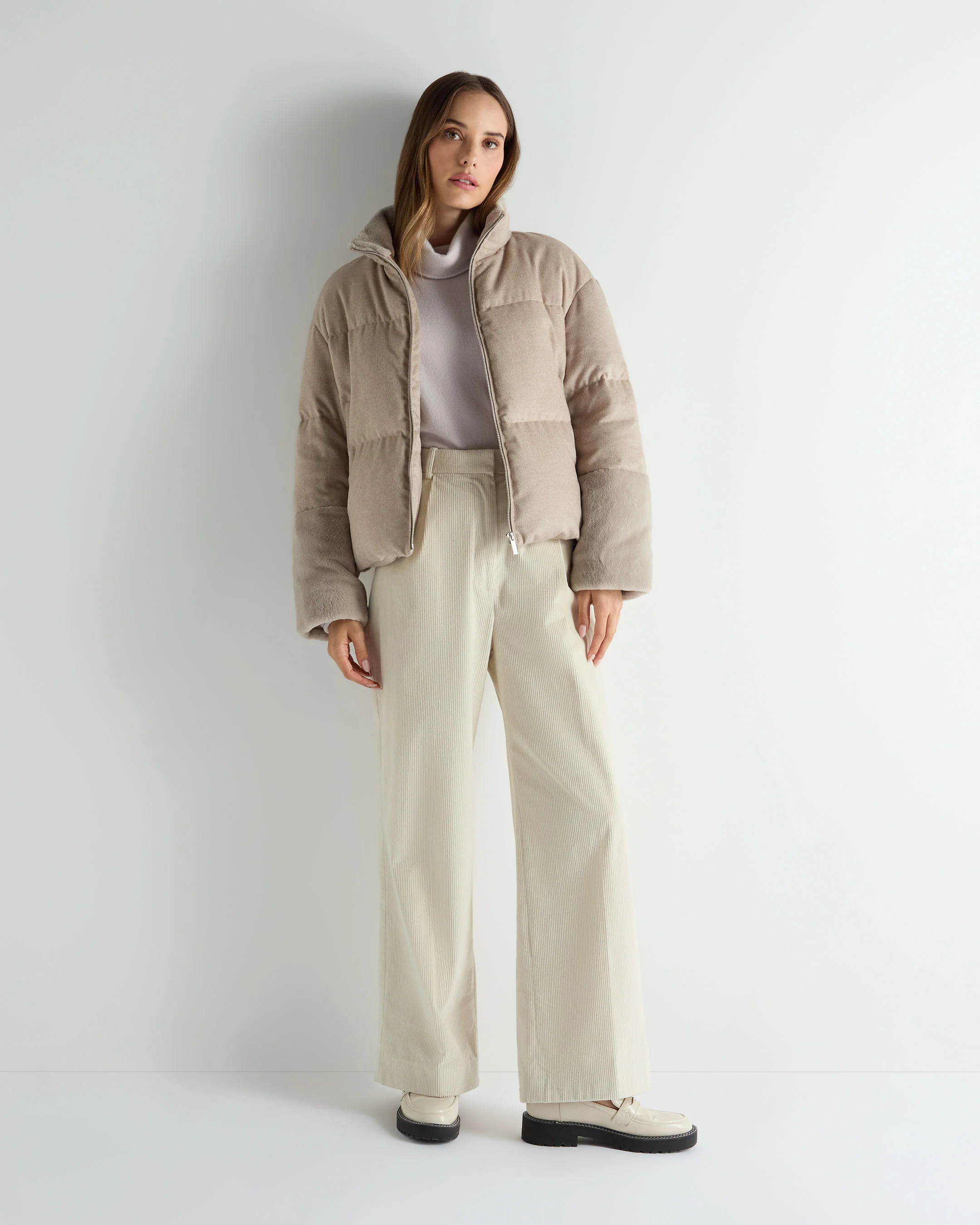 Women's Fur Cuff Padded Jacket Beige Brown - Image 3