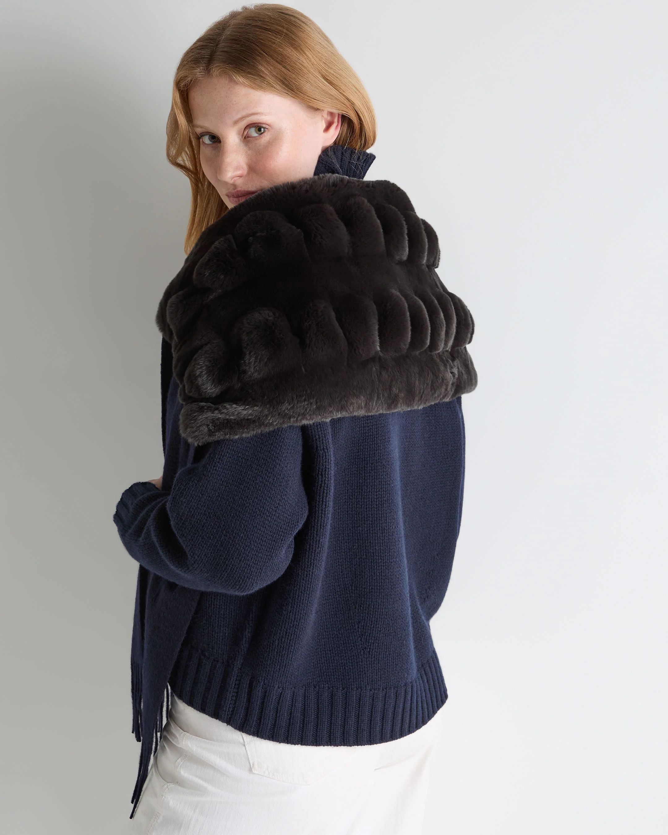 Women's St Moritz Fur Neck Scarf Navy Blue - Image 3