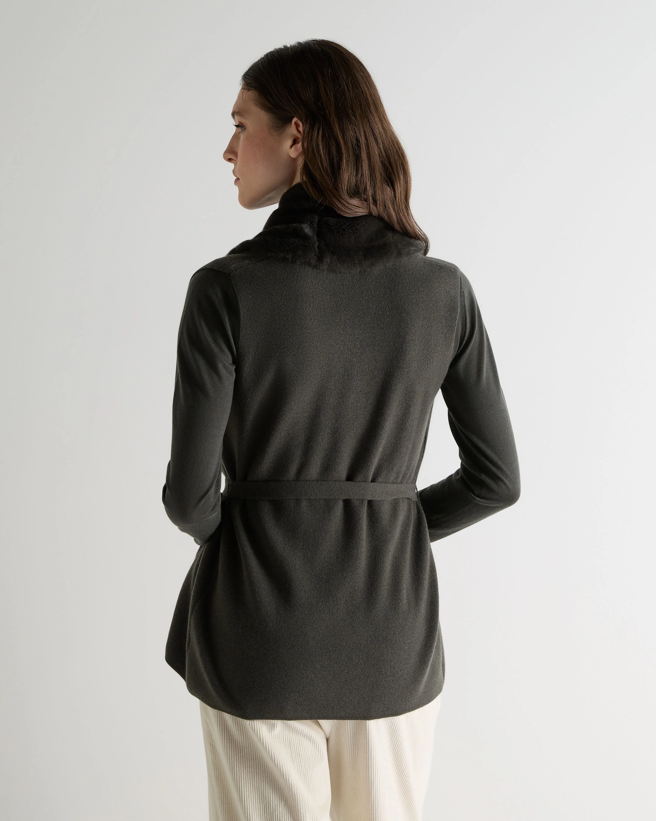 Women's Lola Fur Placket Cashmere Gilet Arabica Khaki Green - Image 4