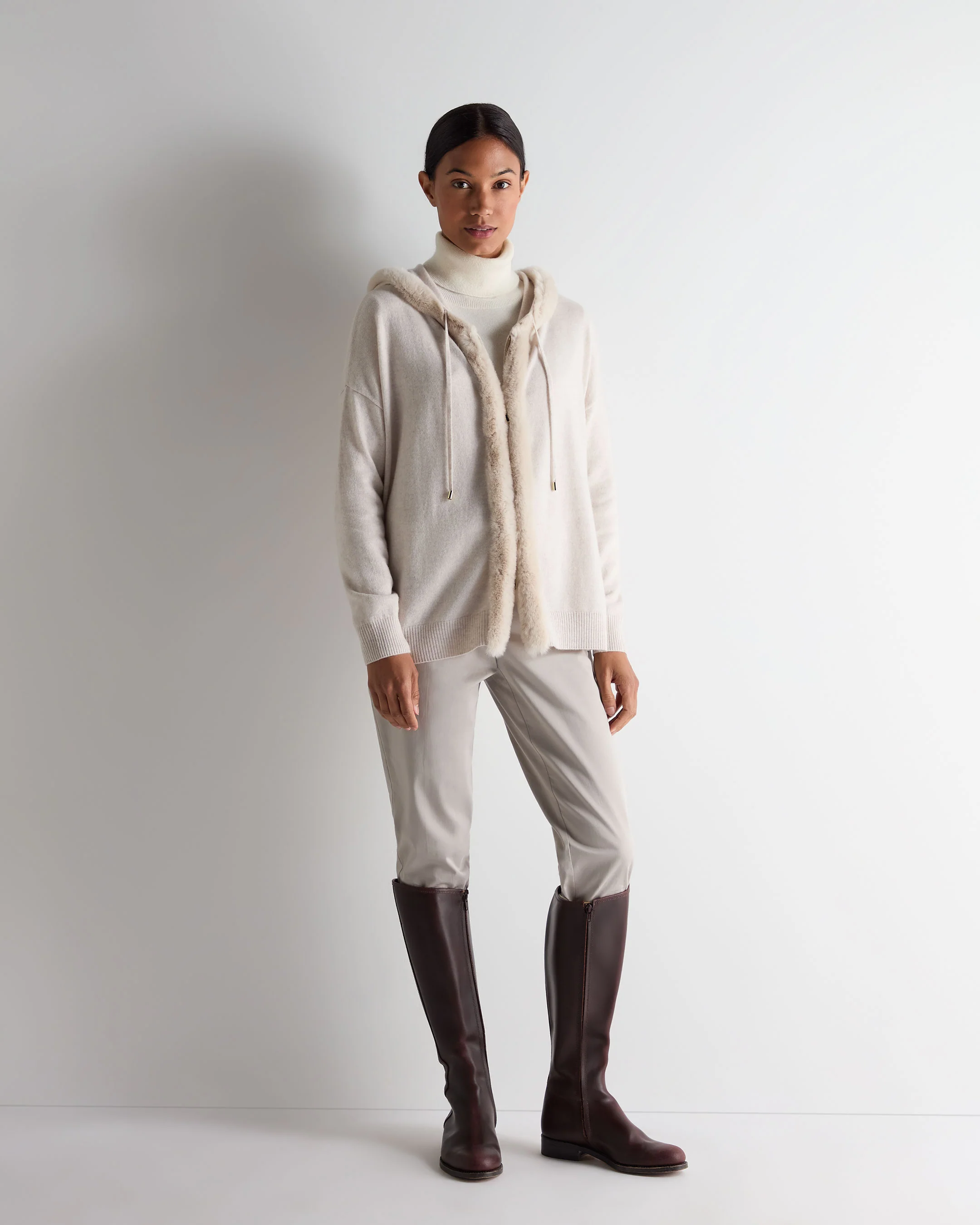 Women's Alicia Fur Trim Cashmere Hoodie Frost White - Image 3