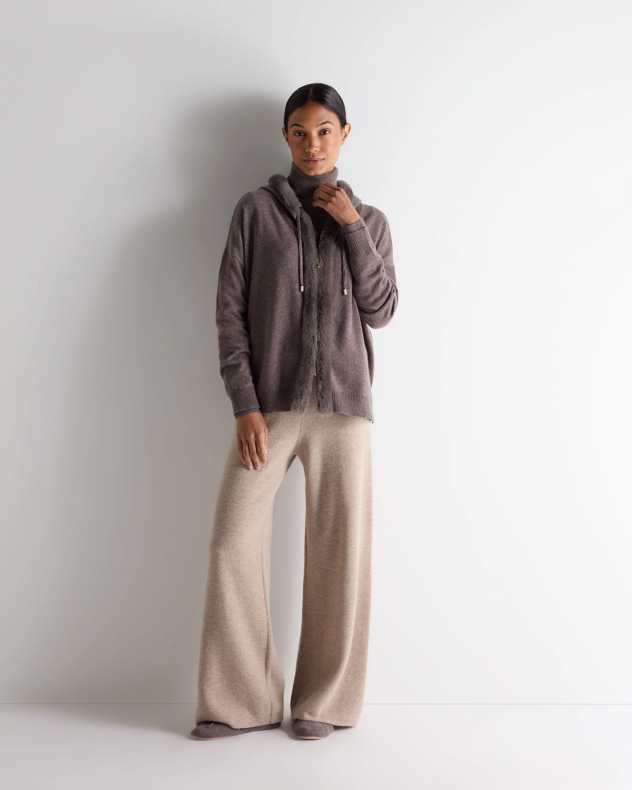Women's Alicia Fur Trim Cashmere Hoodie Otter Brown - Image 3