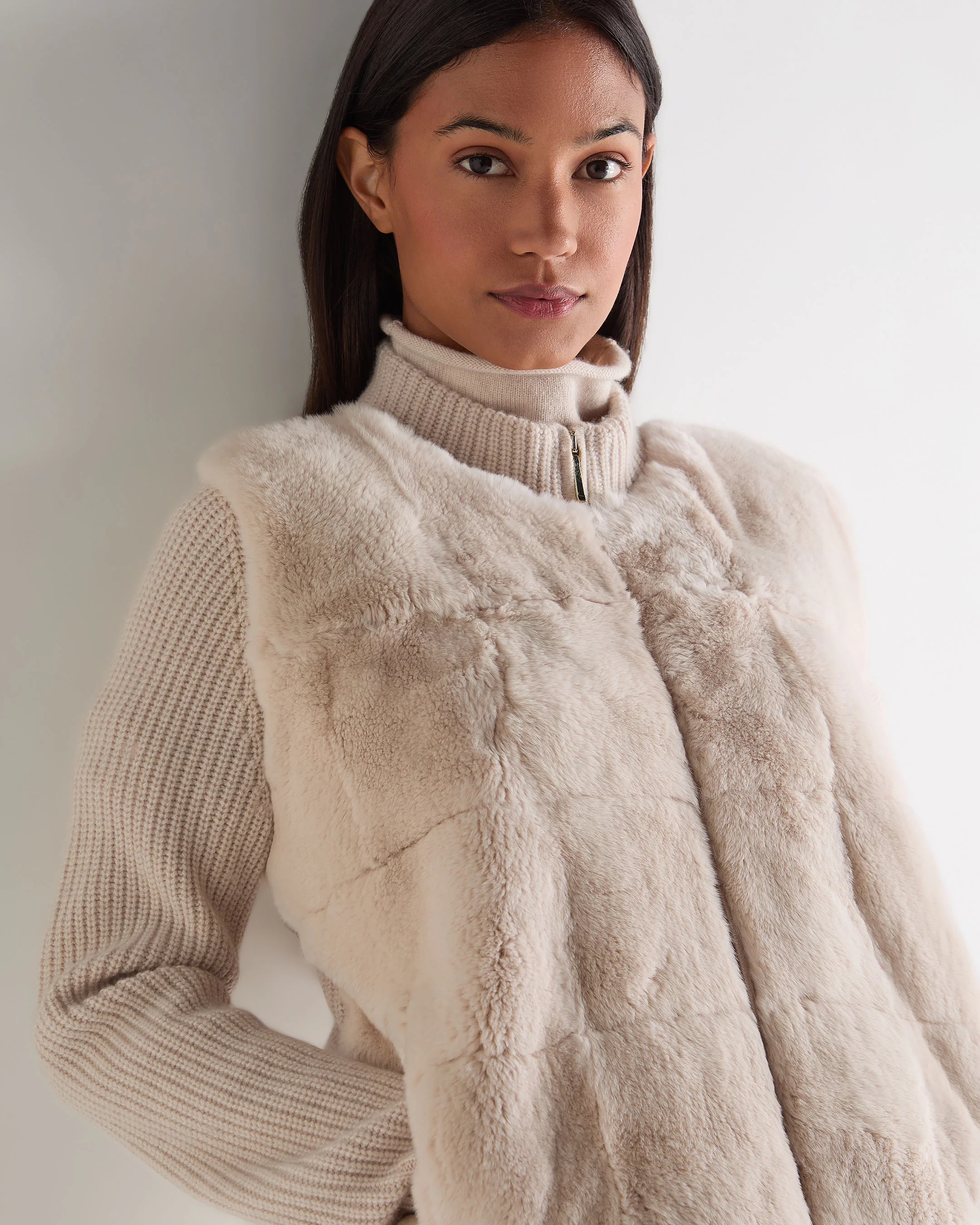 Women's Fur Trim Rib Cashmere Cardigan Ecru White - Image 5