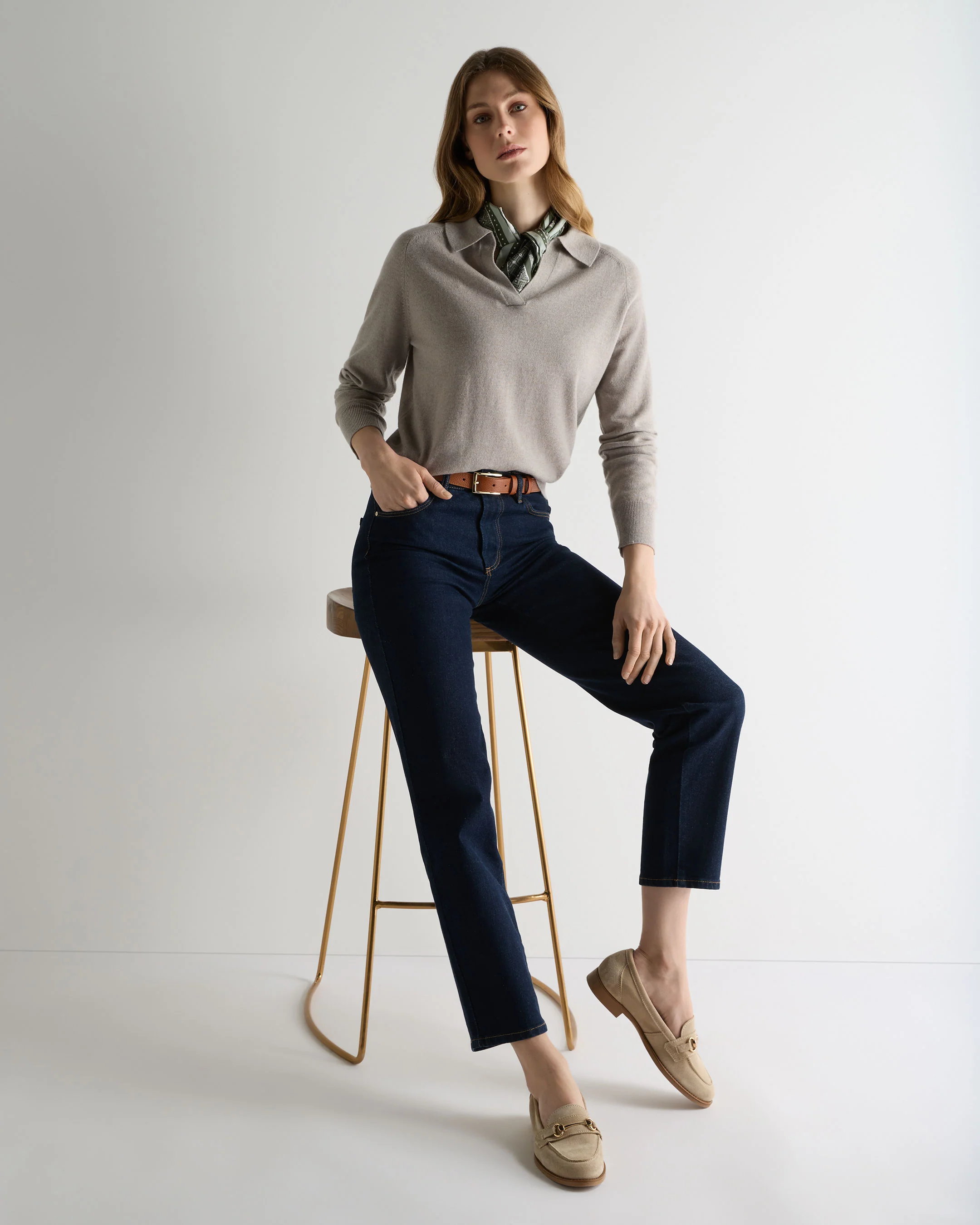 Women's Harriet Cashmere Polo Shirt Oat Grey - Image 3