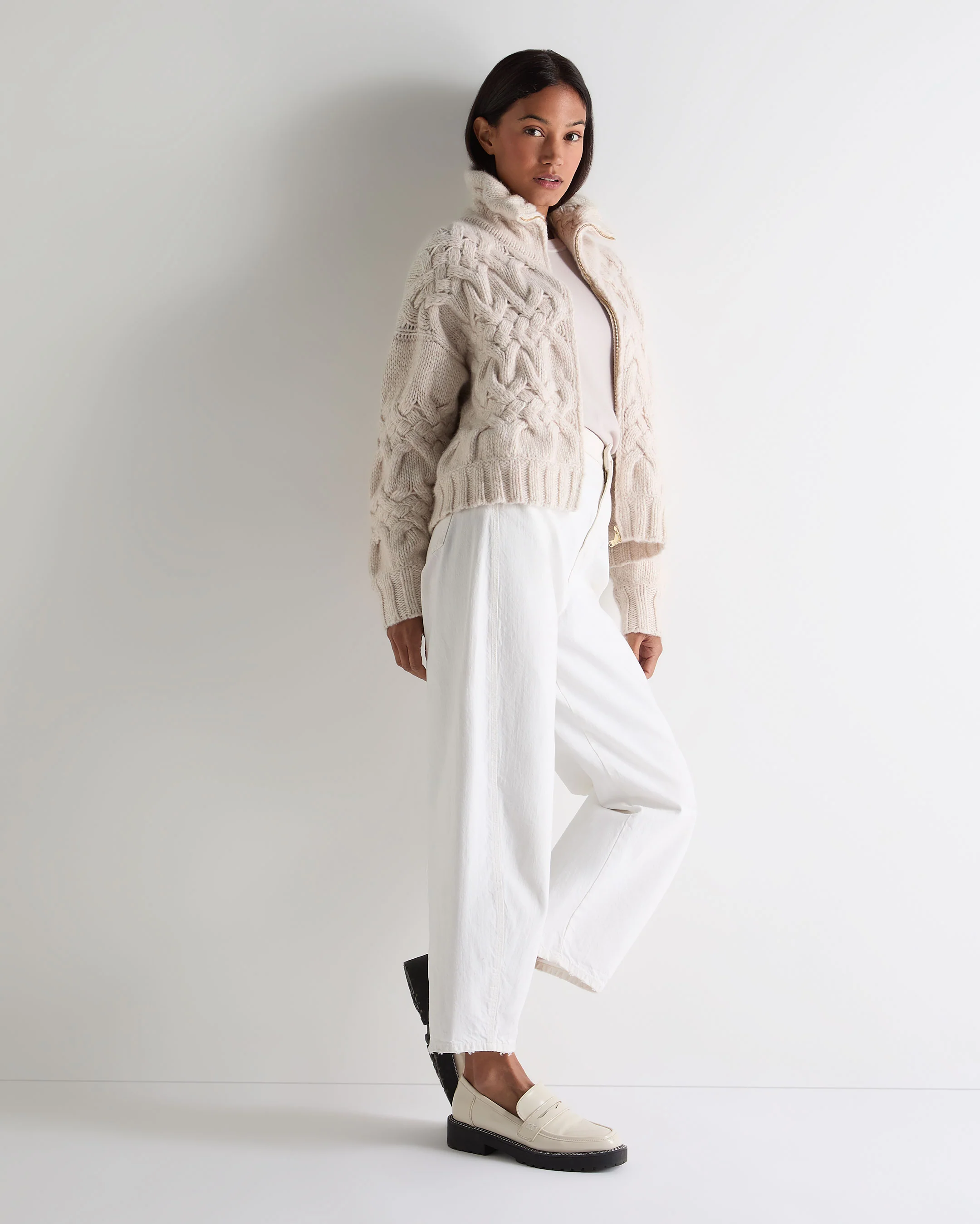 Women's Hero Zip Cable Cashmere Jumper Ecru White - Image 3