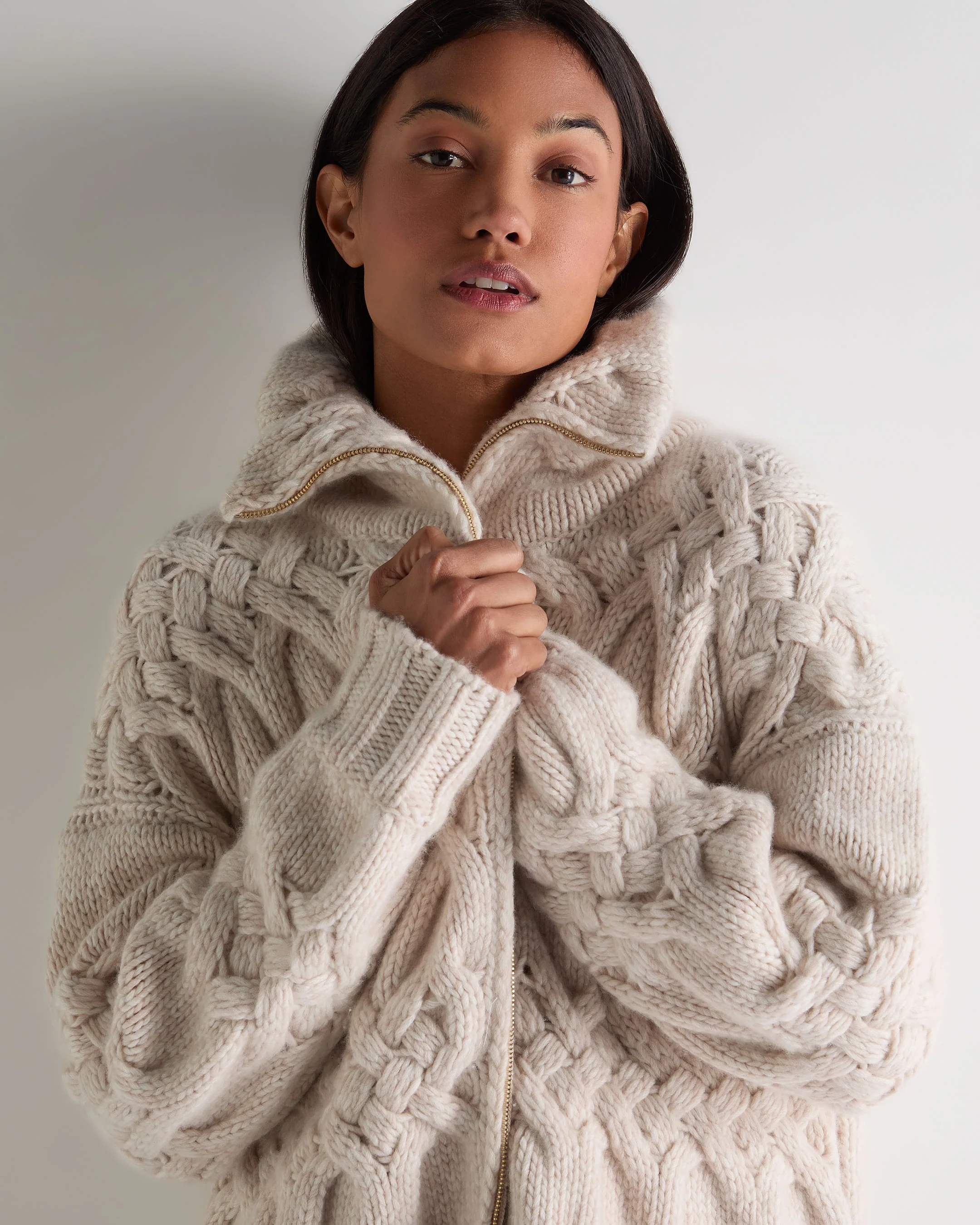 Women's Hero Zip Cable Cashmere Jumper Ecru White - Image 5