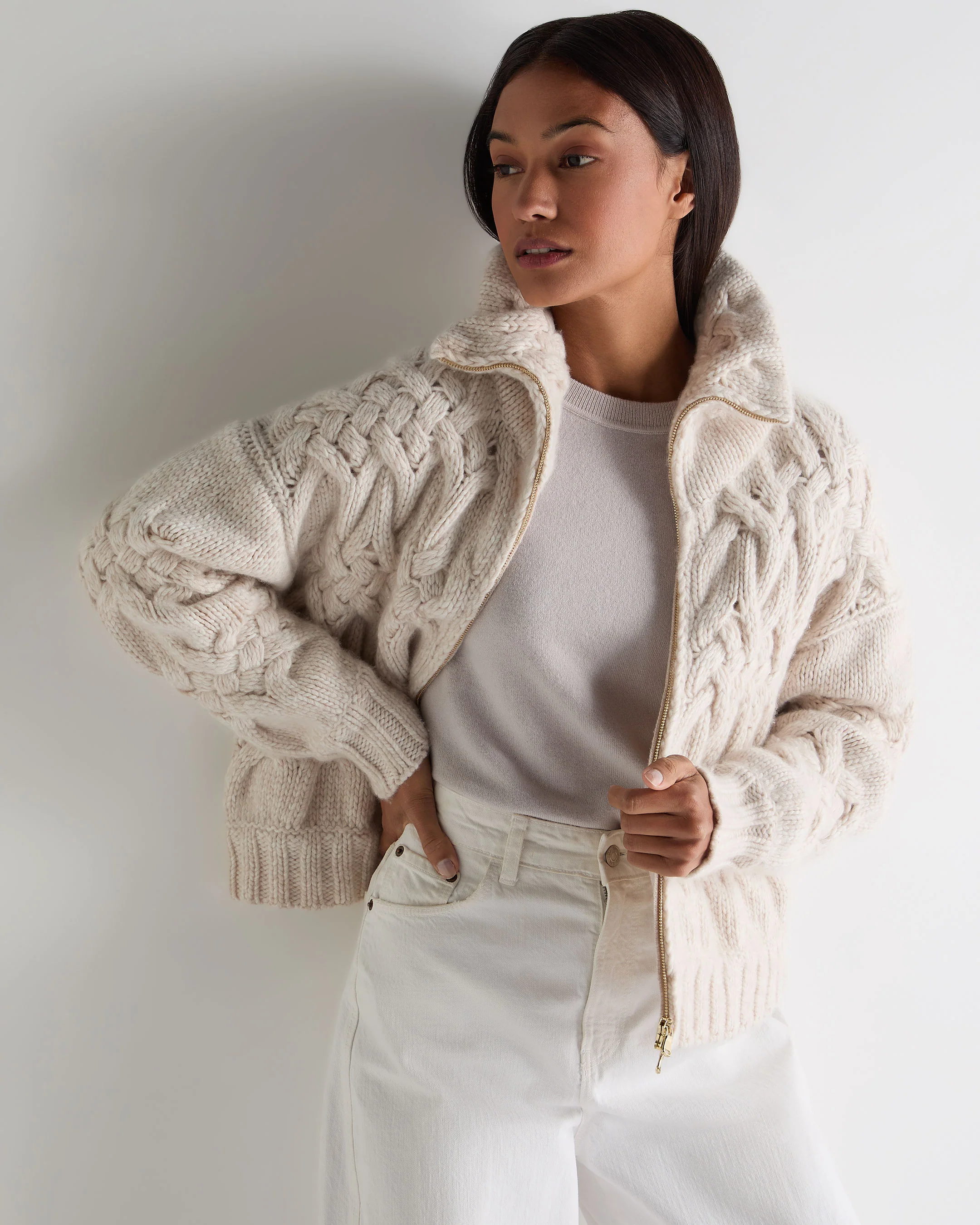 Women's Hero Zip Cable Cashmere Jumper Ecru White - Image 6