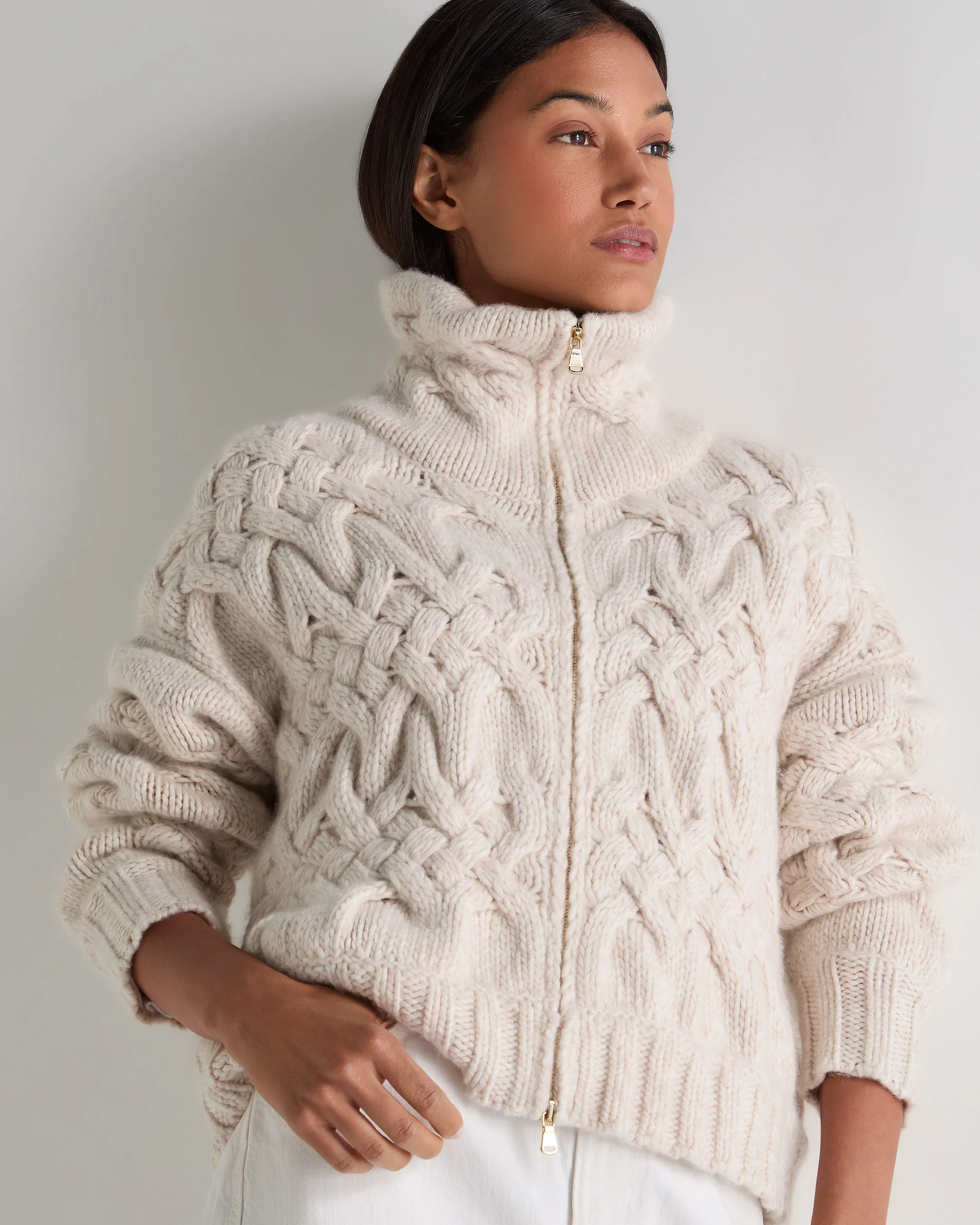 Women's Hero Zip Cable Cashmere Jumper Ecru White - Image 7