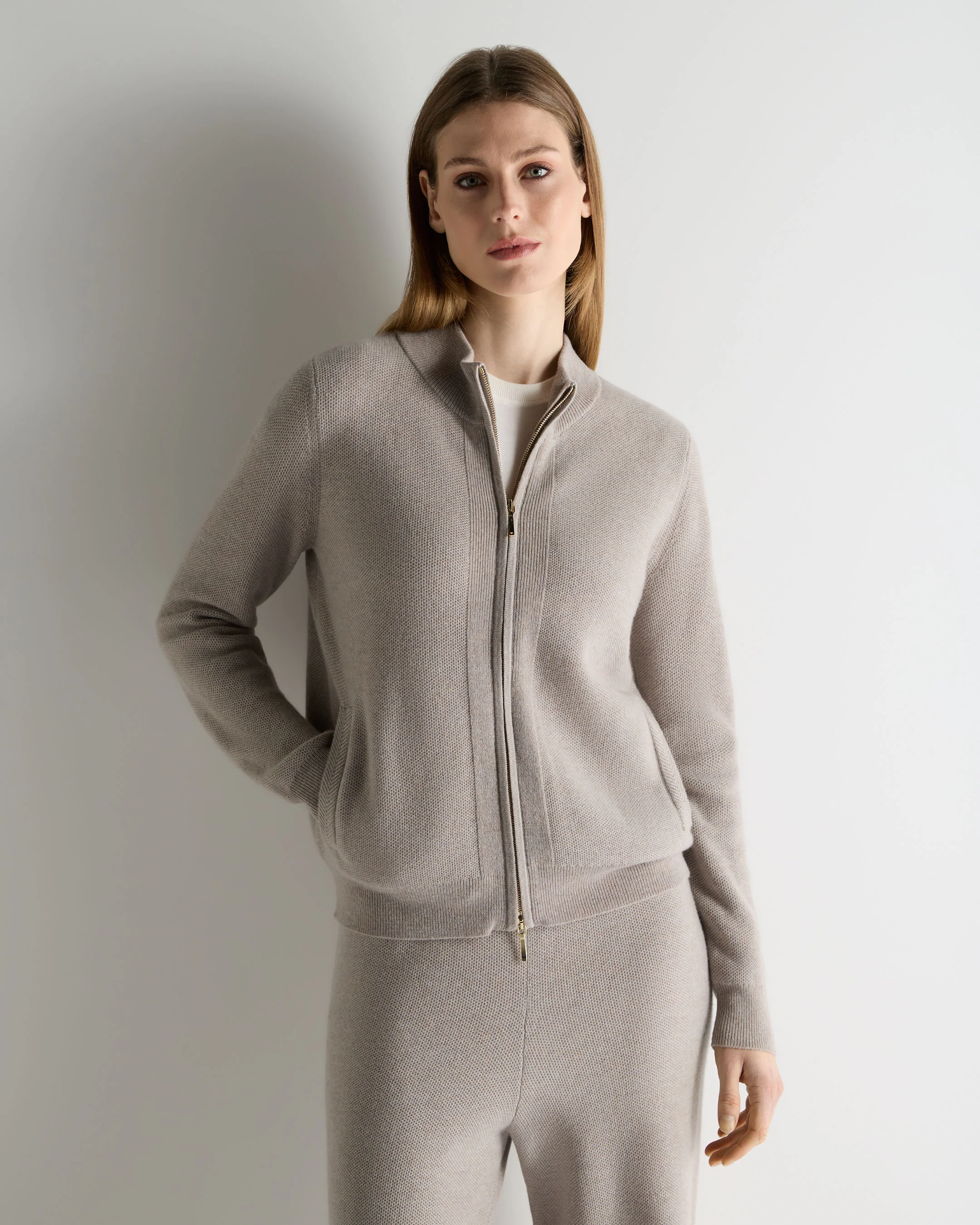 Women's Honeycomb Full Zip Cashmere Jumper Oat Grey