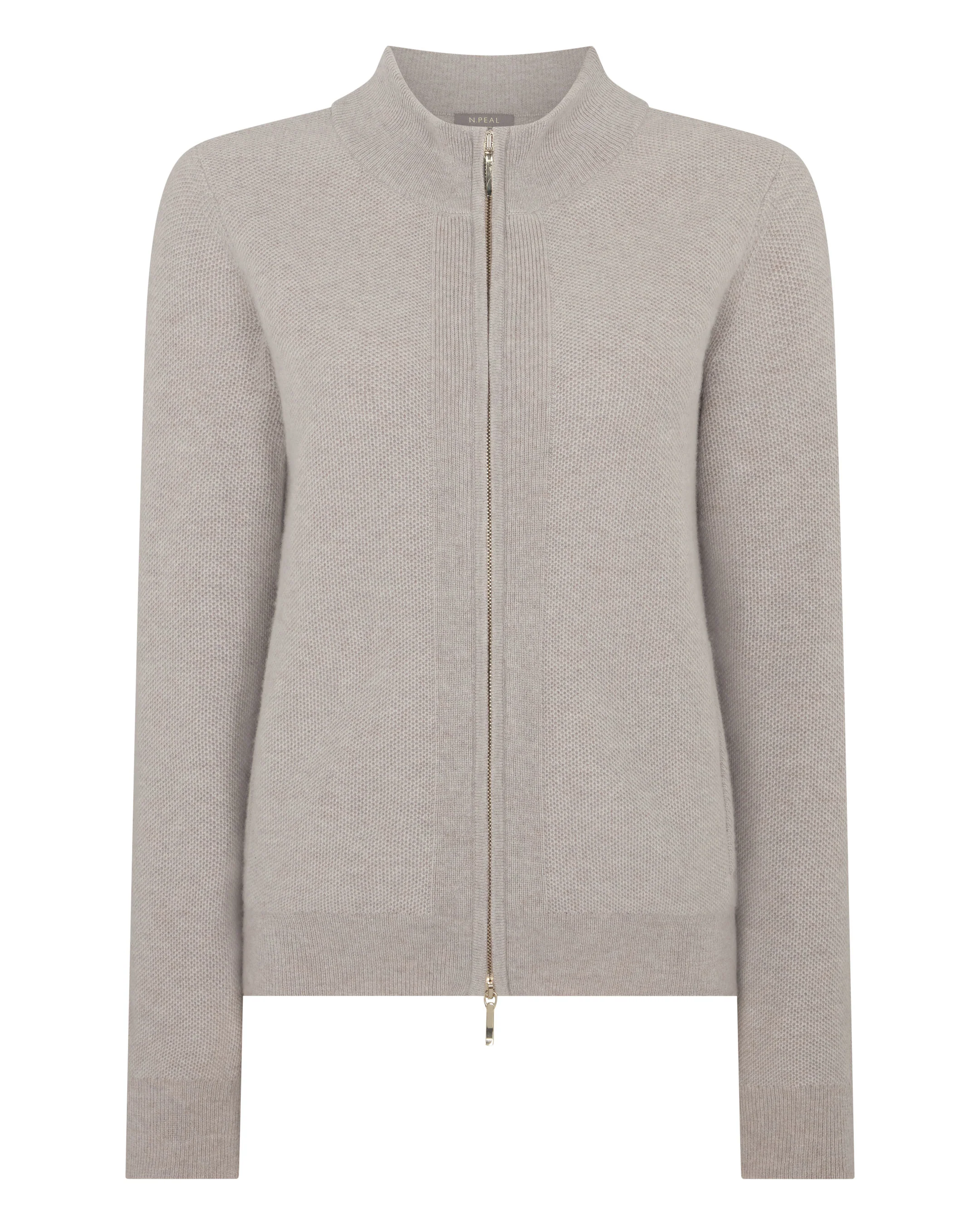 Women's Honeycomb Full Zip Cashmere Jumper Oat Grey - Image 2