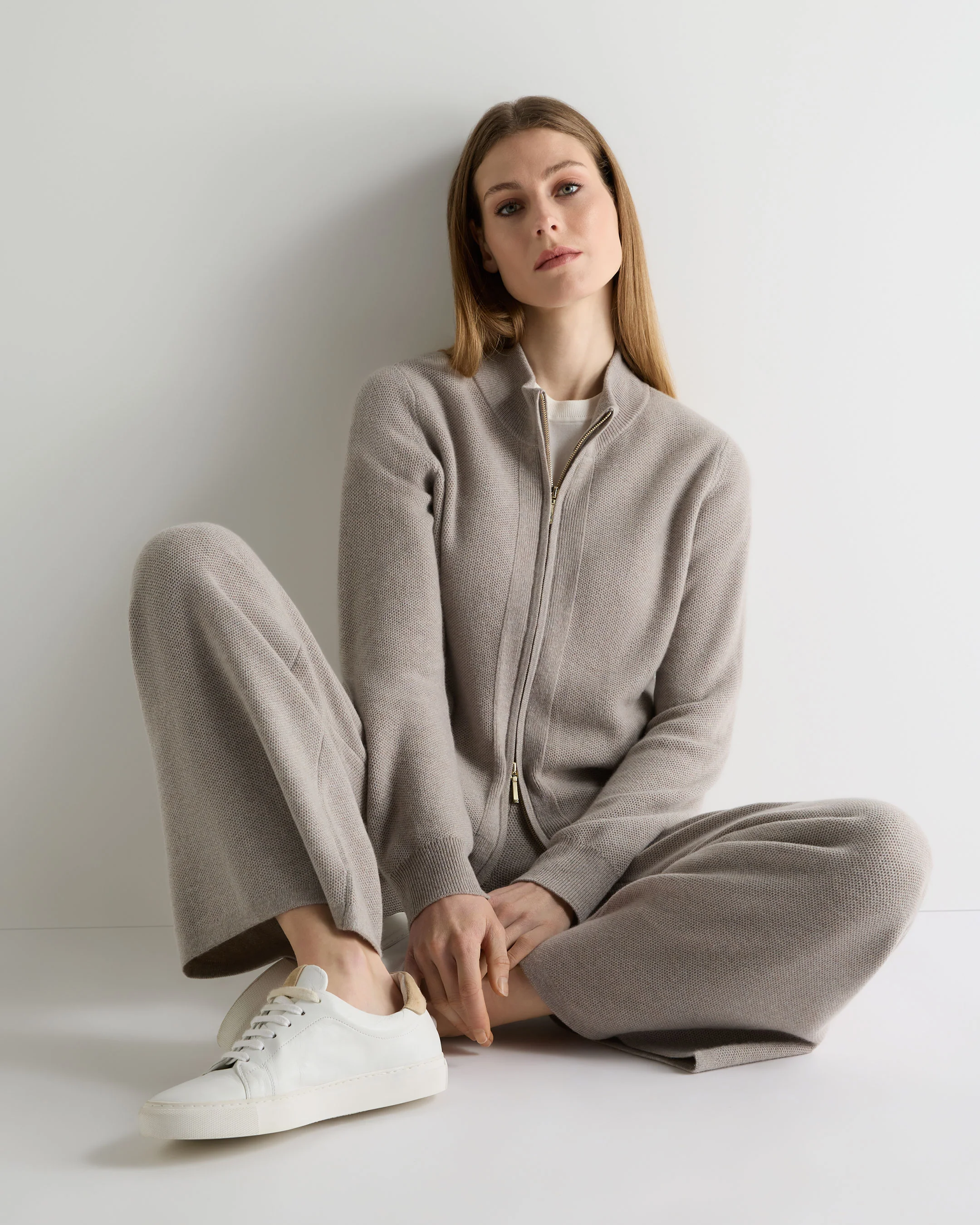 Women's Honeycomb Full Zip Cashmere Jumper Oat Grey - Image 3