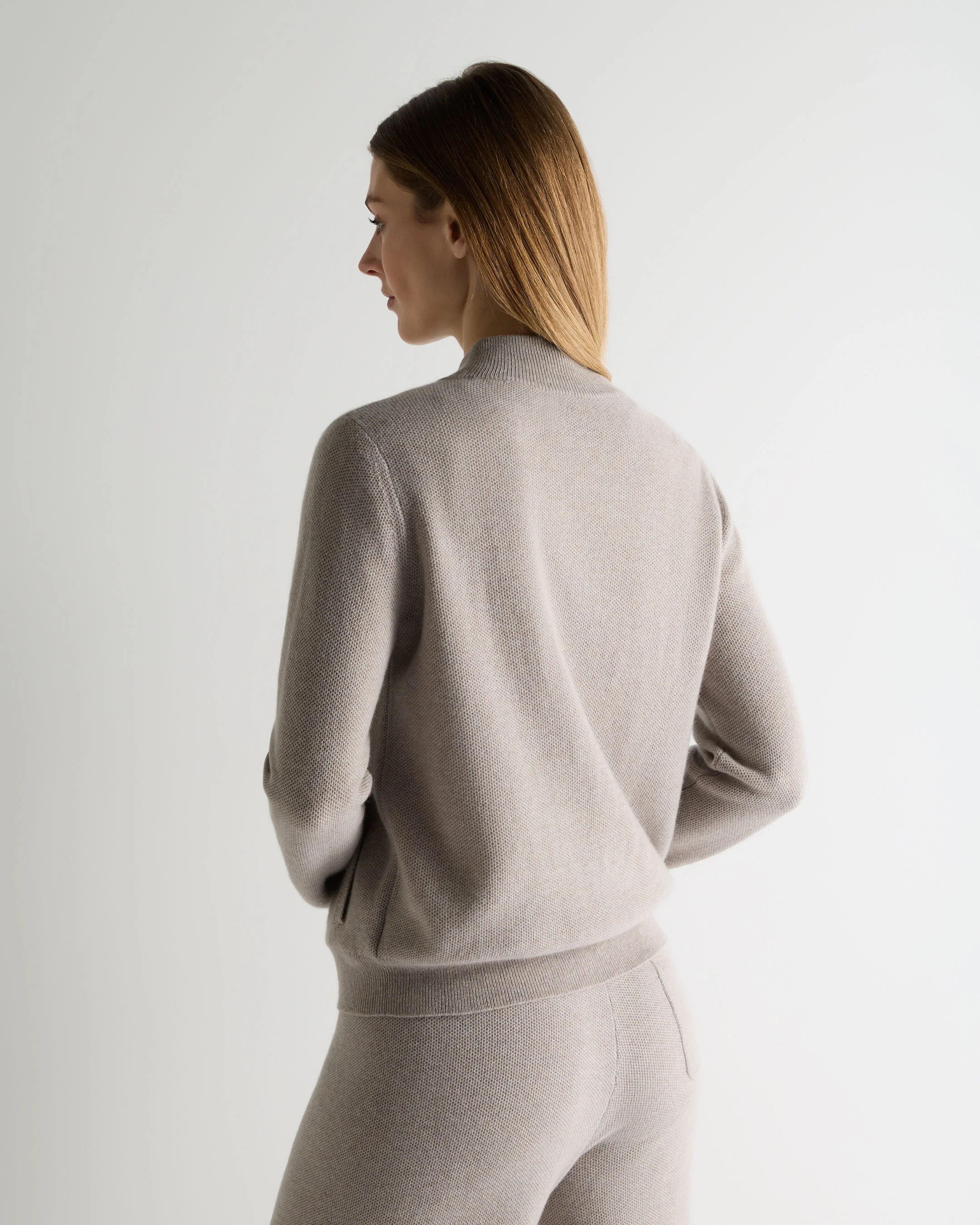 Women's Honeycomb Full Zip Cashmere Jumper Oat Grey - Image 4