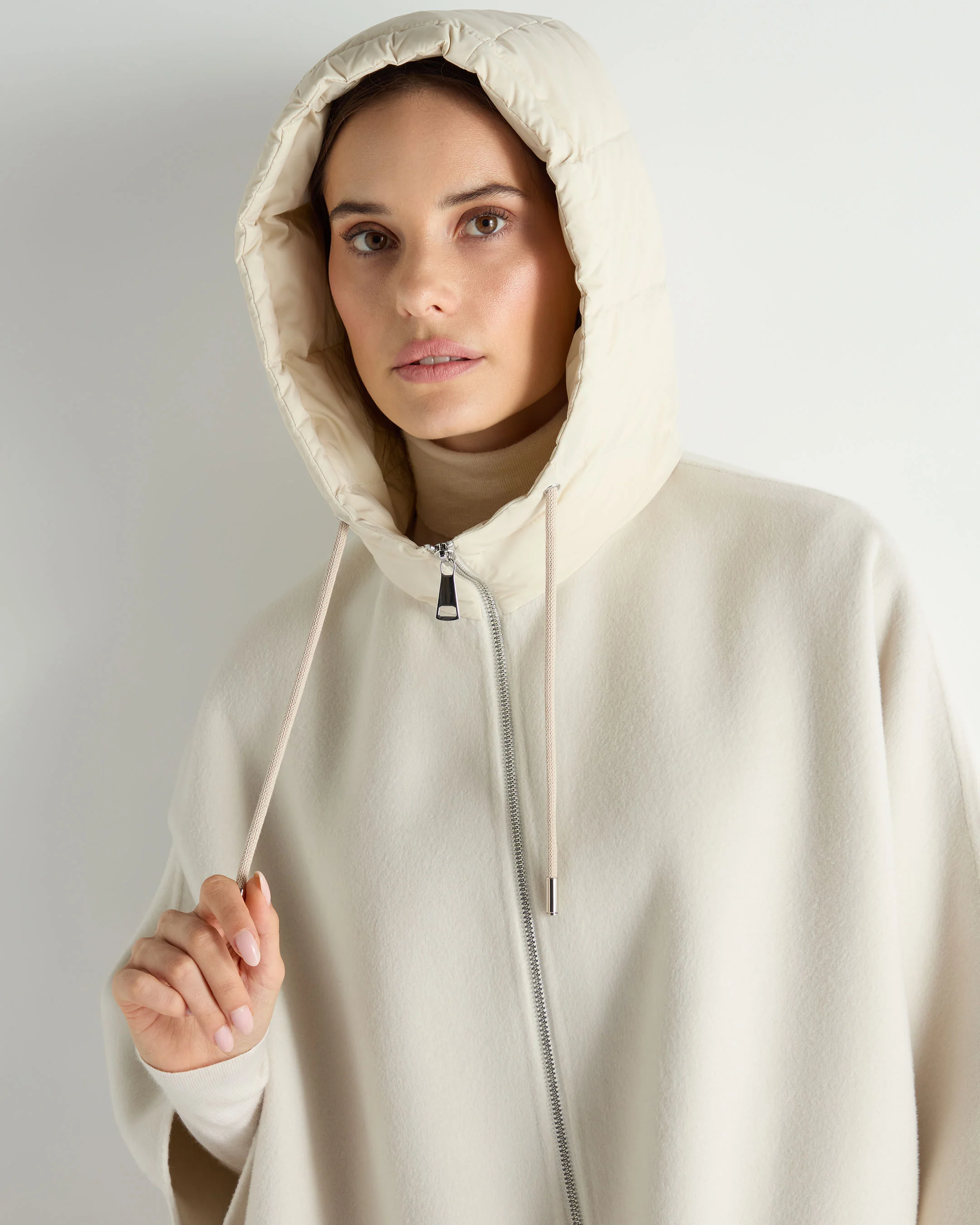 Women's Hooded Woven Cape Cream - Image 5