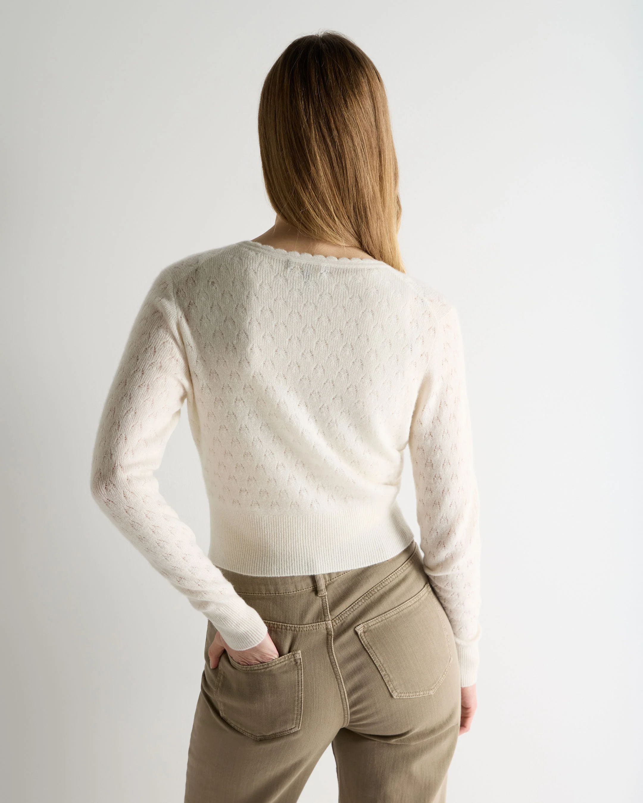 Women's Ivy Lace Stitch Cashmere Cardigan New Ivory White Sparkle - Image 4