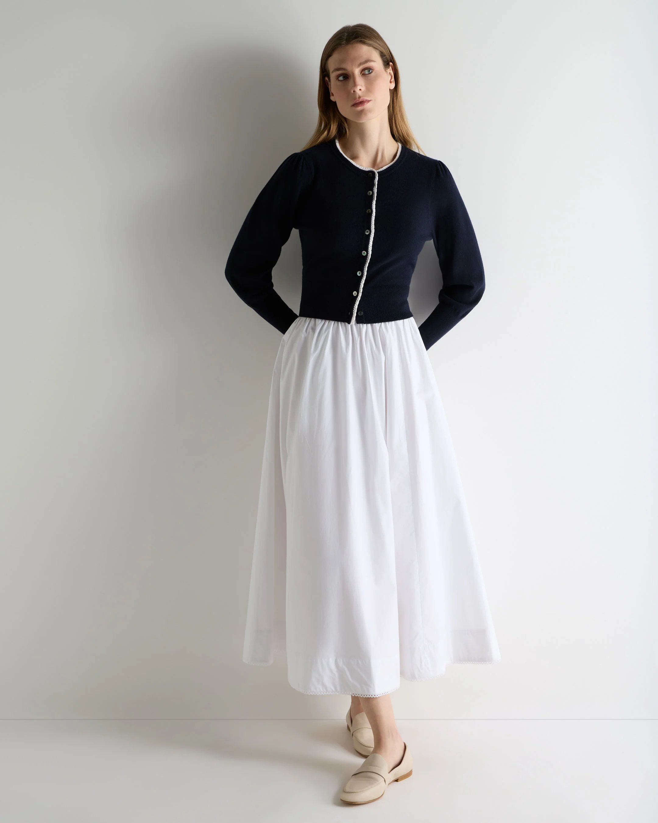 Women's Lace Trim Cashmere Cardigan Navy Blue - Image 3