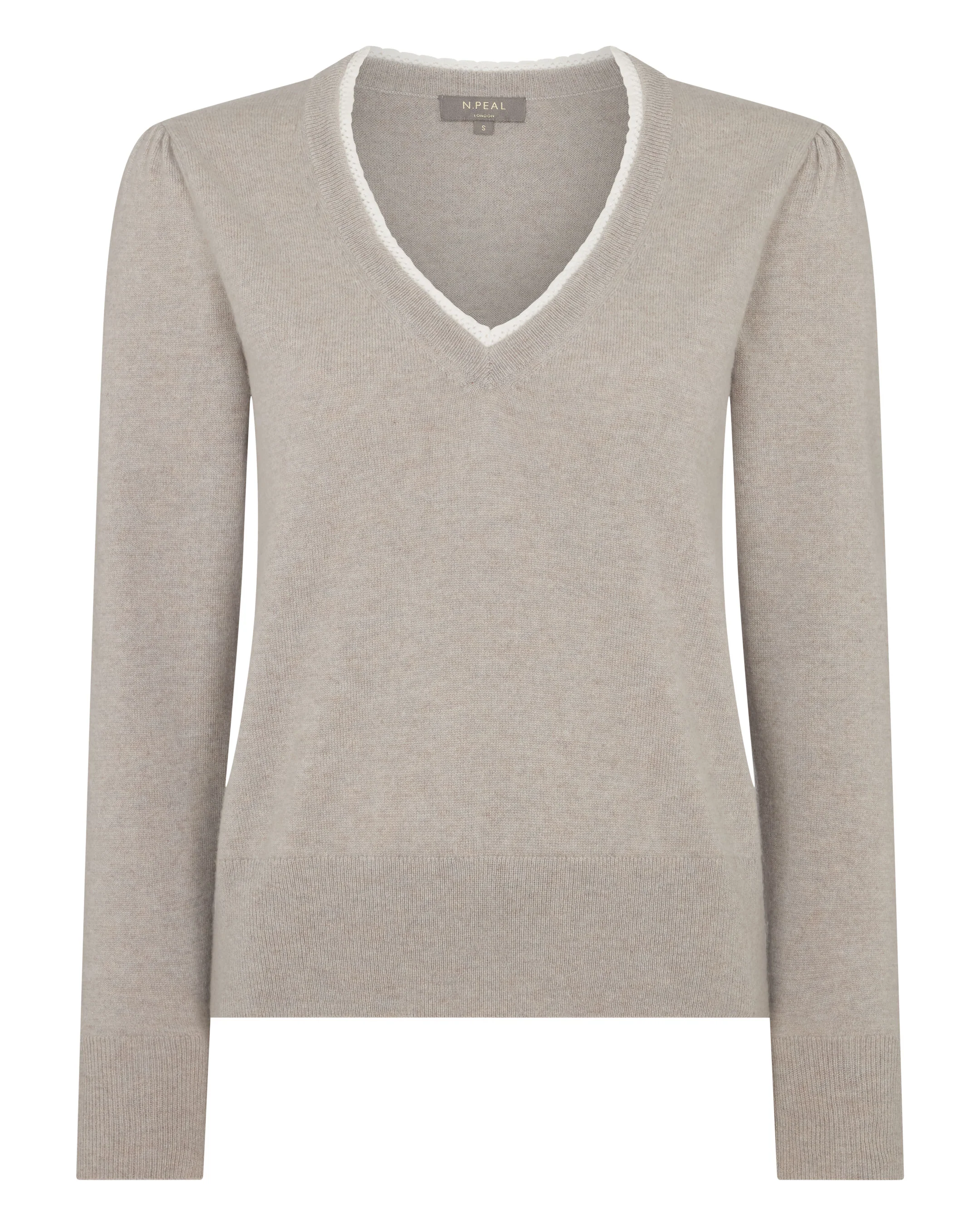 Women's Lace Trim V Neck Cashmere Jumper Oat Grey - Image 2
