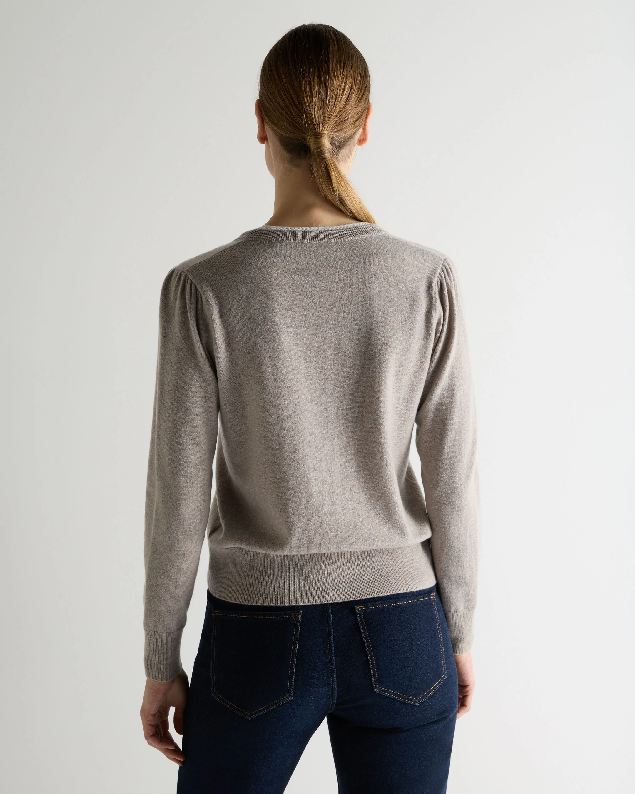 Women's Lace Trim V Neck Cashmere Jumper Oat Grey - Image 4