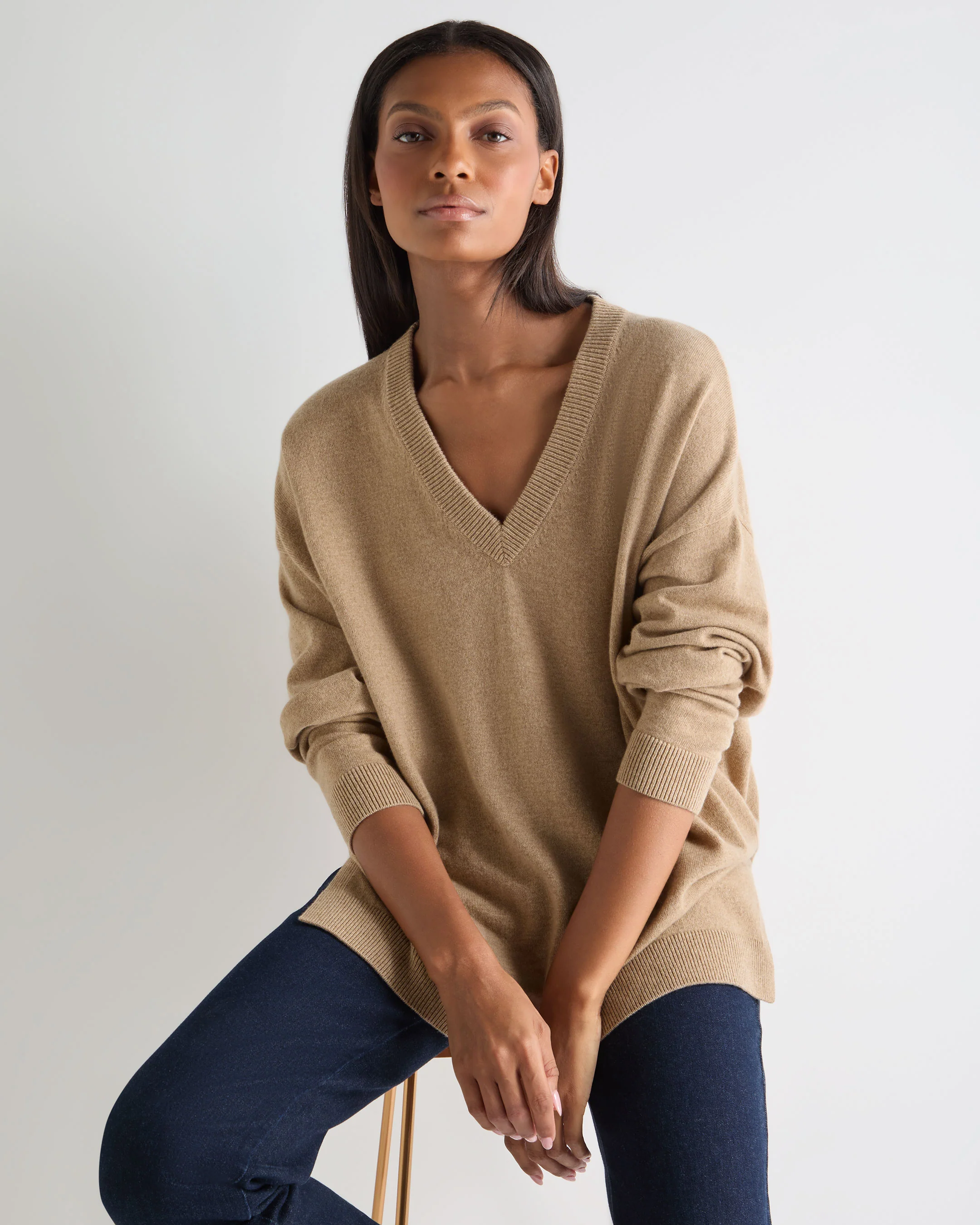 Women's Longline V Neck Cashmere Jumper Cappuccino Brown