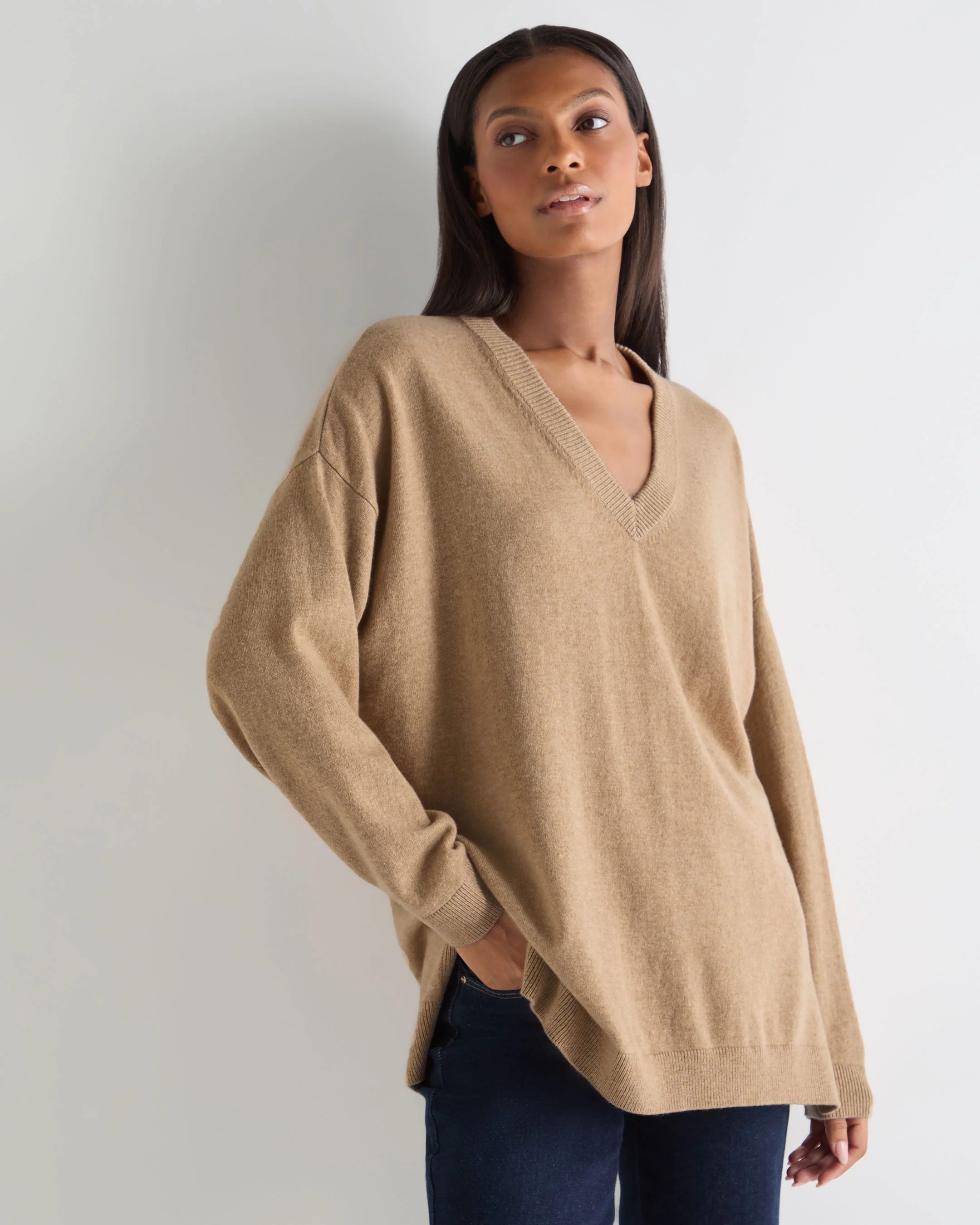 Women's Longline V Neck Cashmere Jumper Cappuccino Brown - Image 5