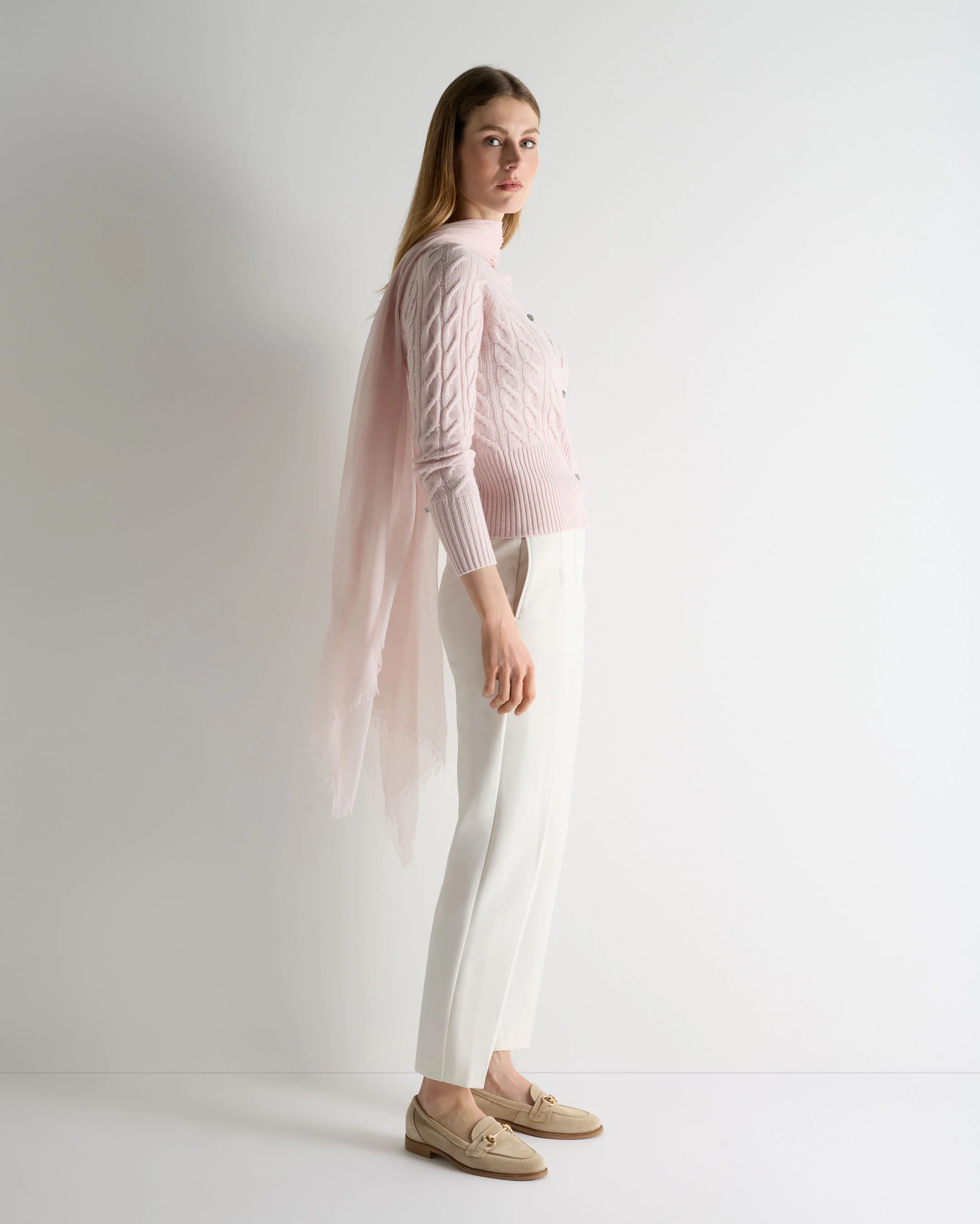 Women's Myla Cable Cashmere Cardigan Powder Pink - Image 3
