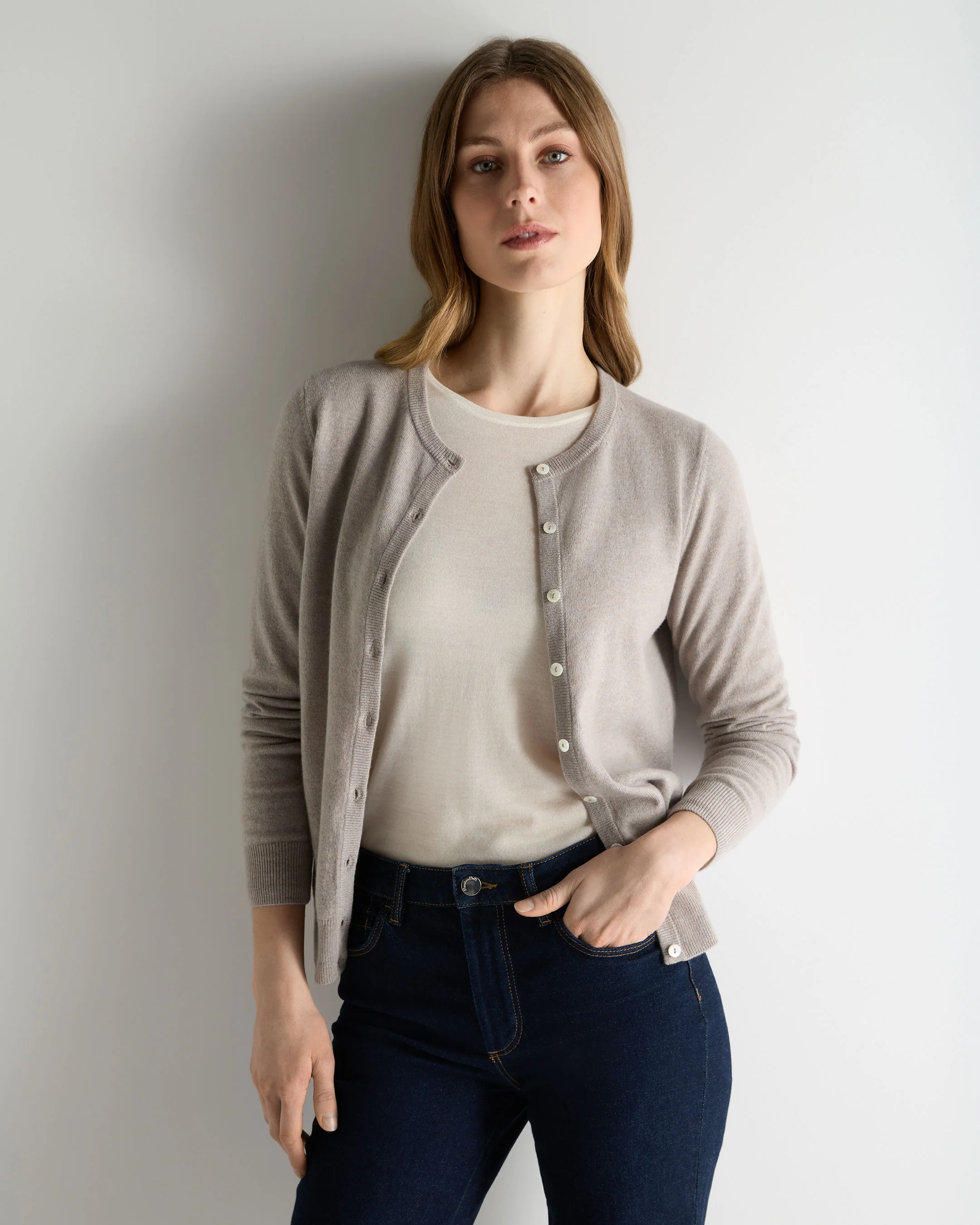 Women's Olivia Round Neck Cashmere Cardigan Oat Grey