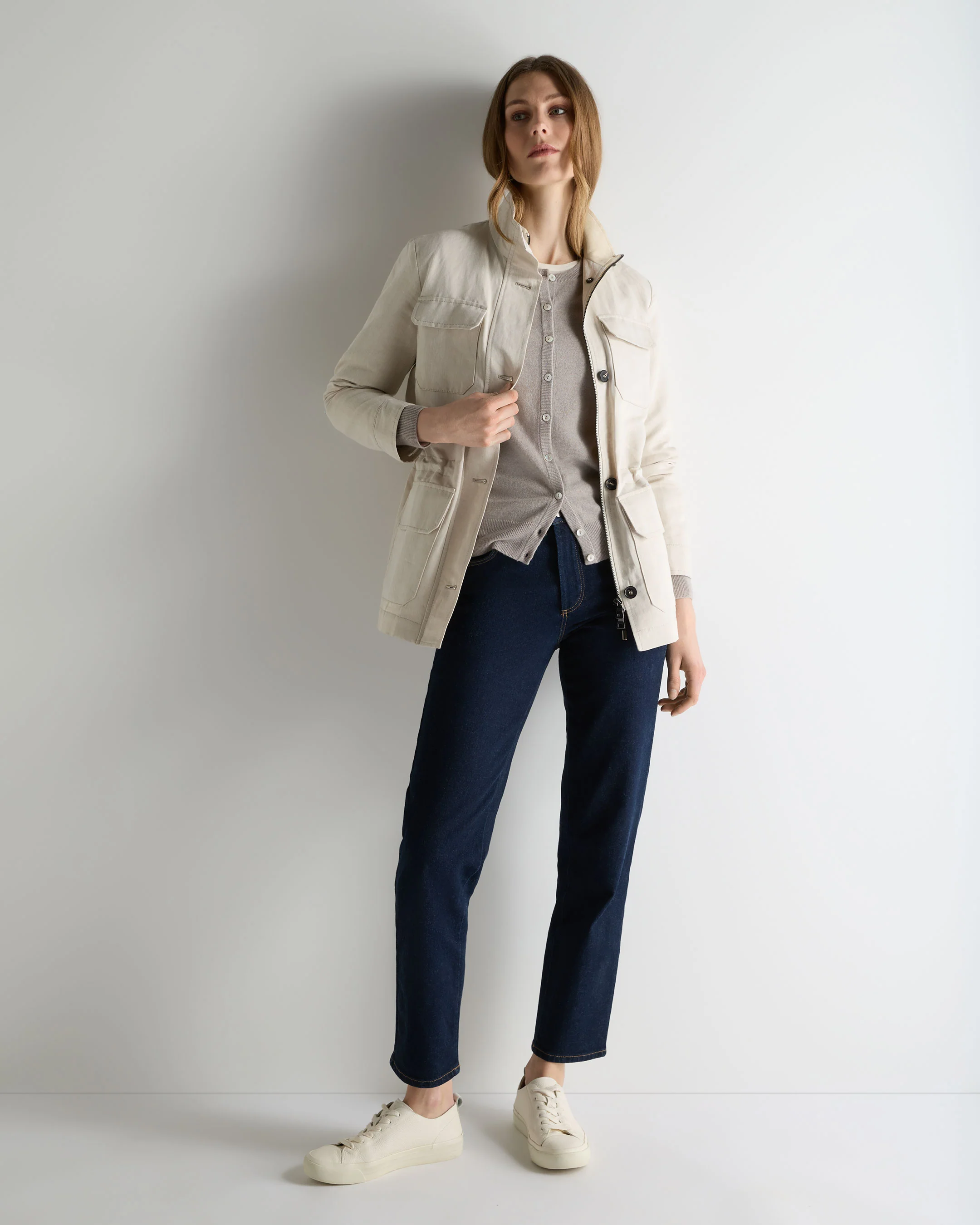 Women's Olivia Round Neck Cashmere Cardigan Oat Grey - Image 3