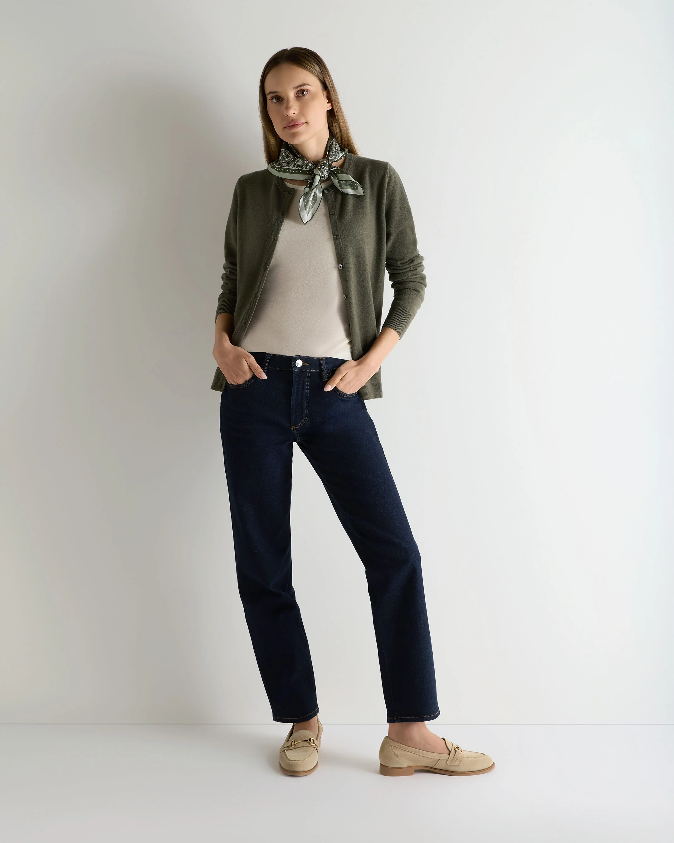 Women's Olivia Round Neck Cashmere Cardigan Olive Green - Image 3