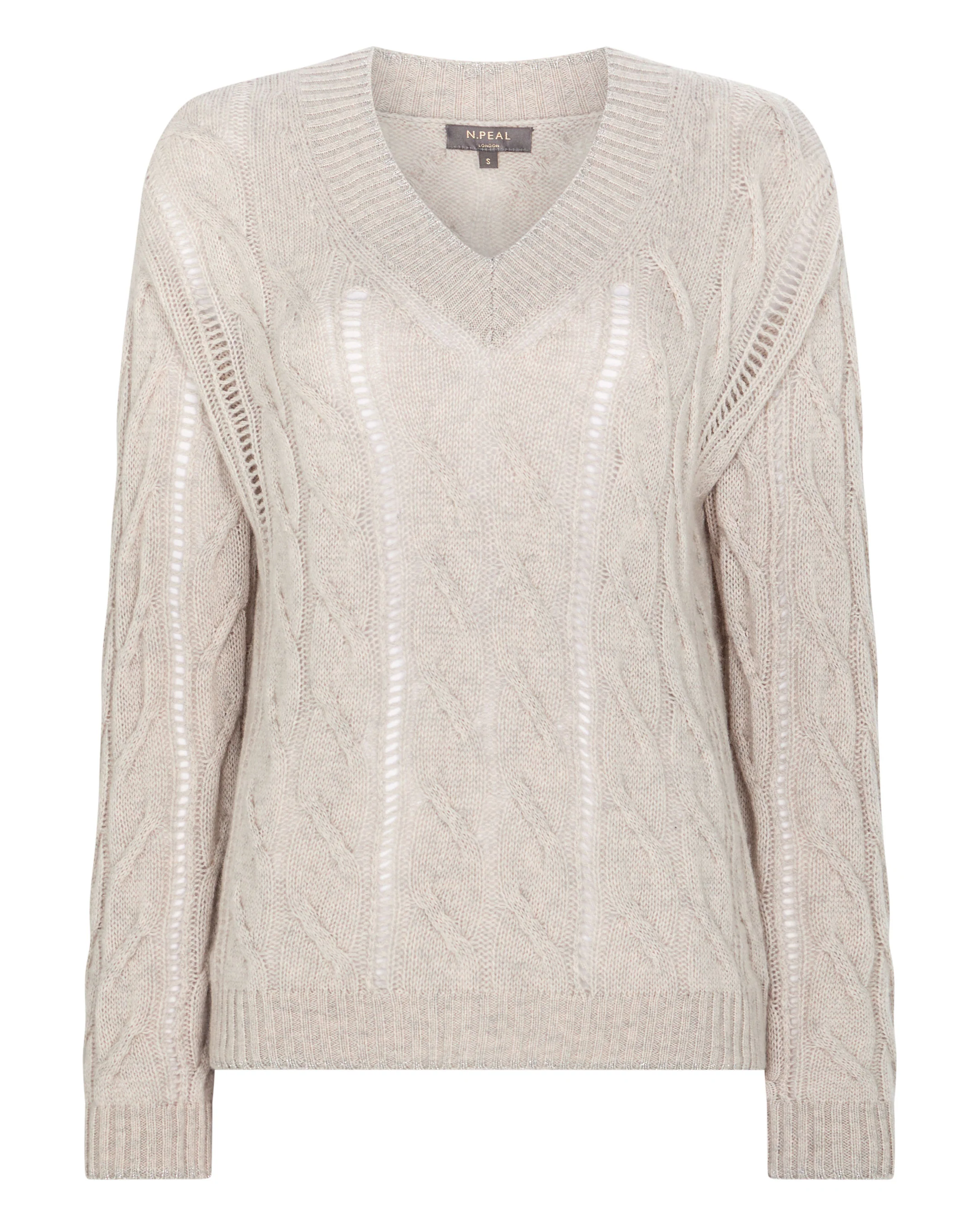 Women's Open Cable V Neck Cashmere Jumper Pebble Grey - Image 2