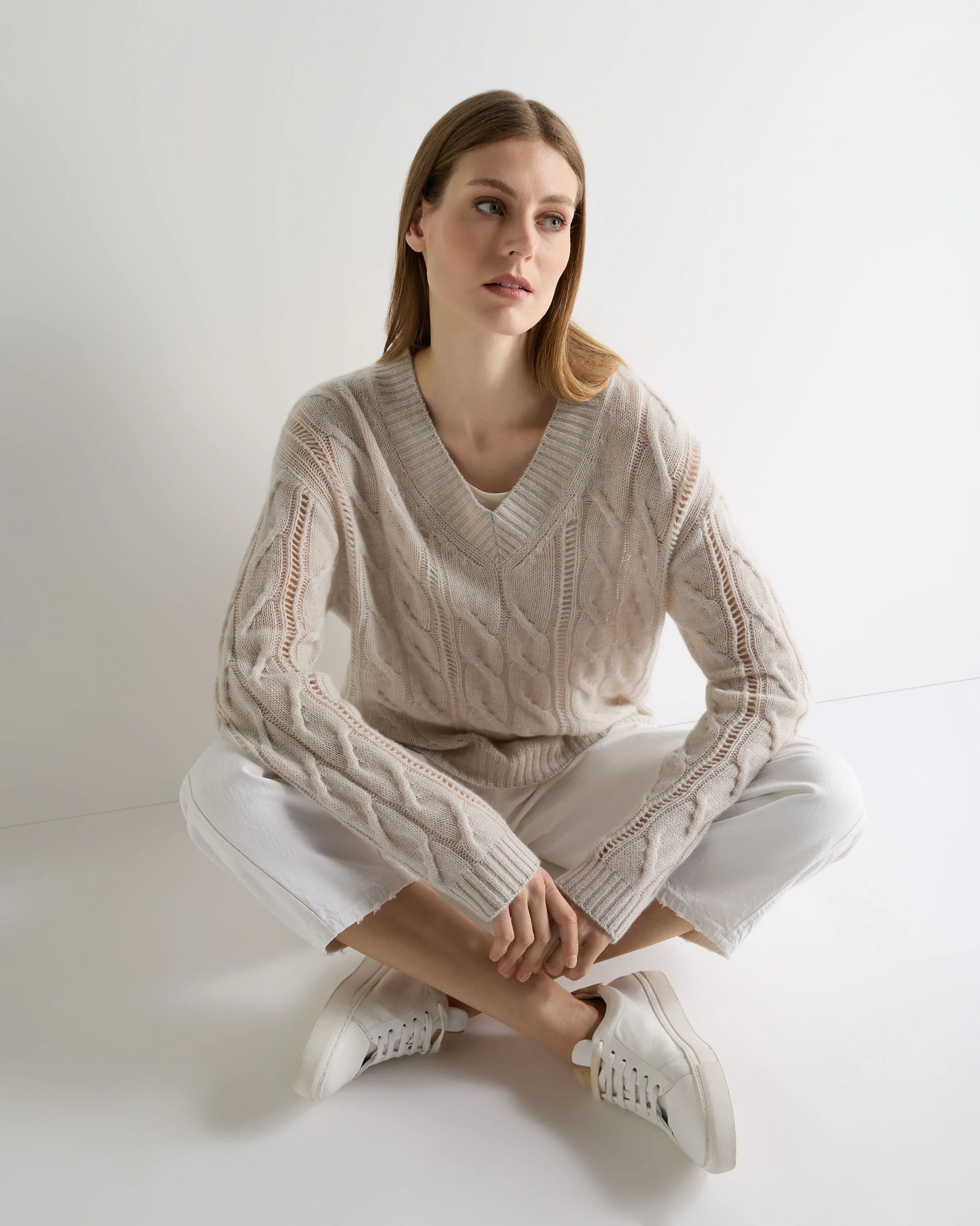 Women's Open Cable V Neck Cashmere Jumper Pebble Grey - Image 3