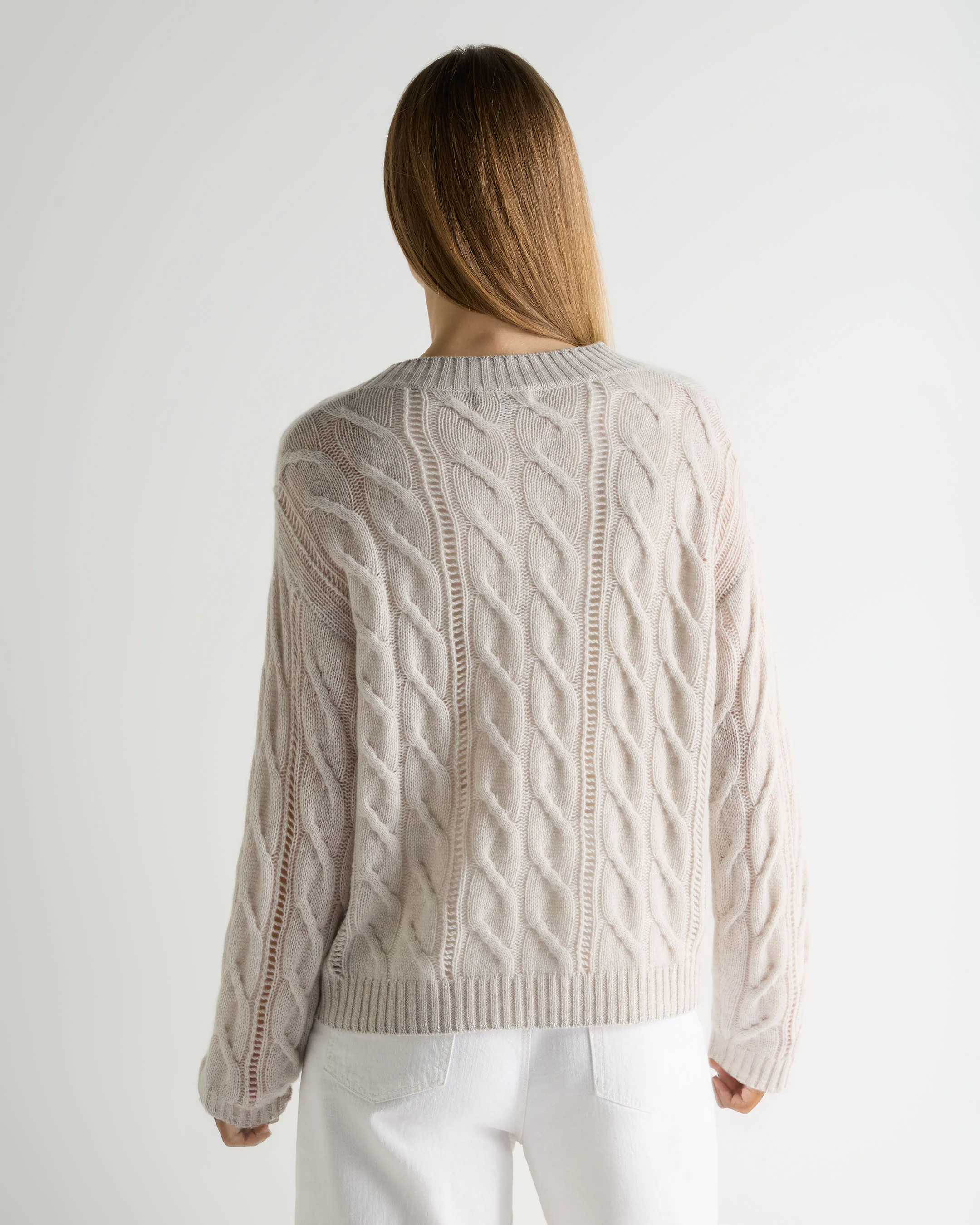 Women's Open Cable V Neck Cashmere Jumper Pebble Grey - Image 4