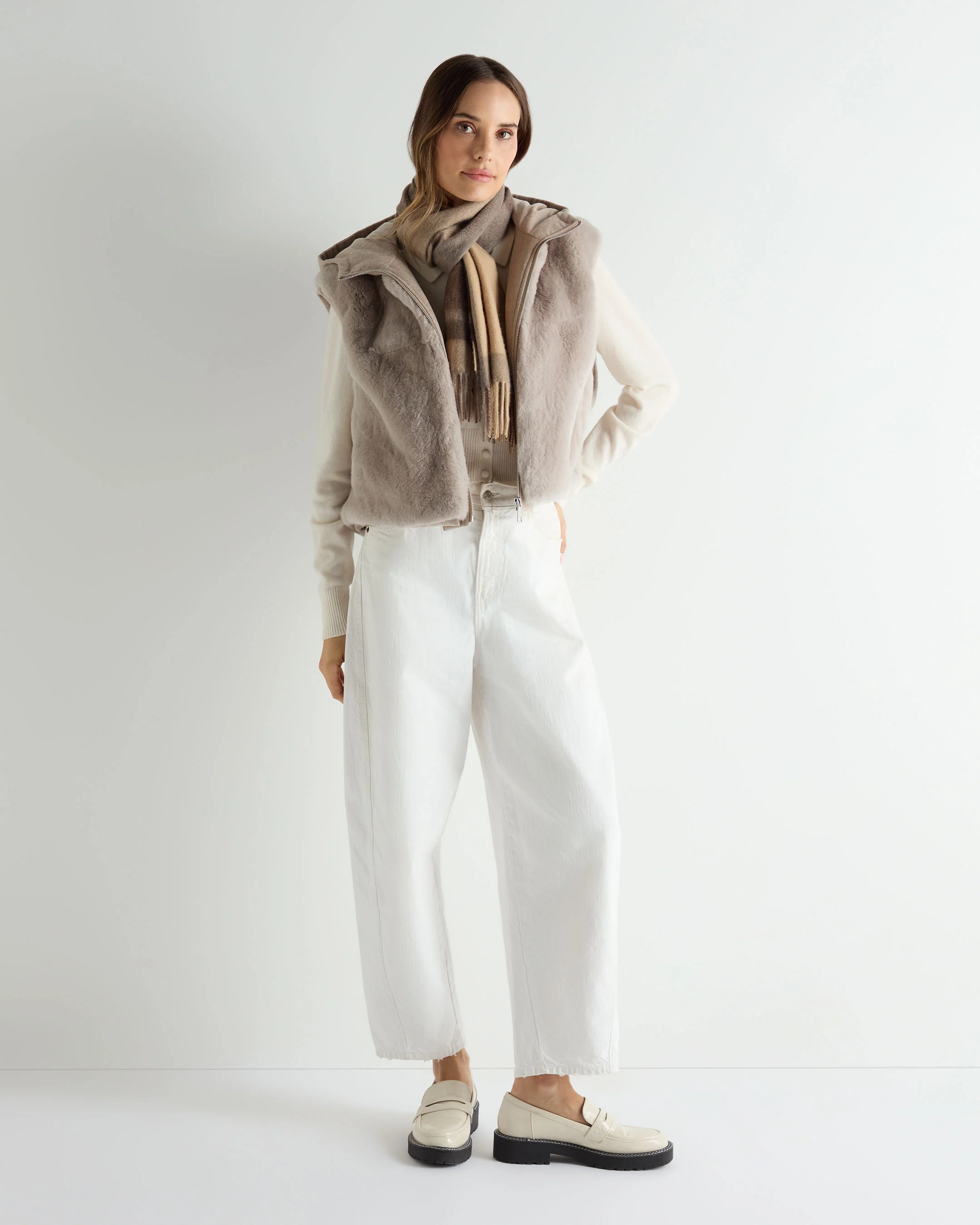 Women's Rex Fur Hooded Gilet Beige Brown - Image 3
