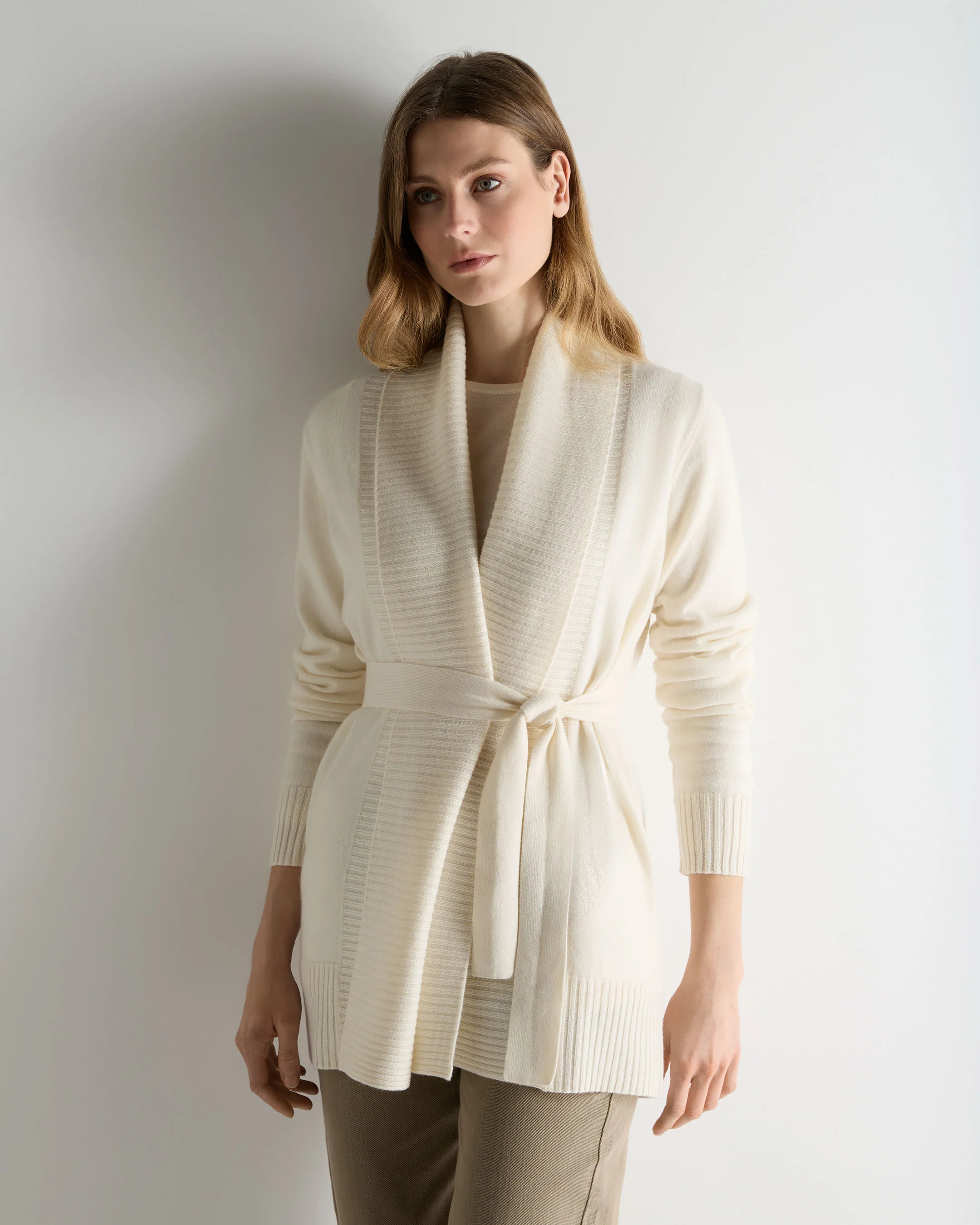Women's Rib Placket Cashmere Cardigan New Ivory White