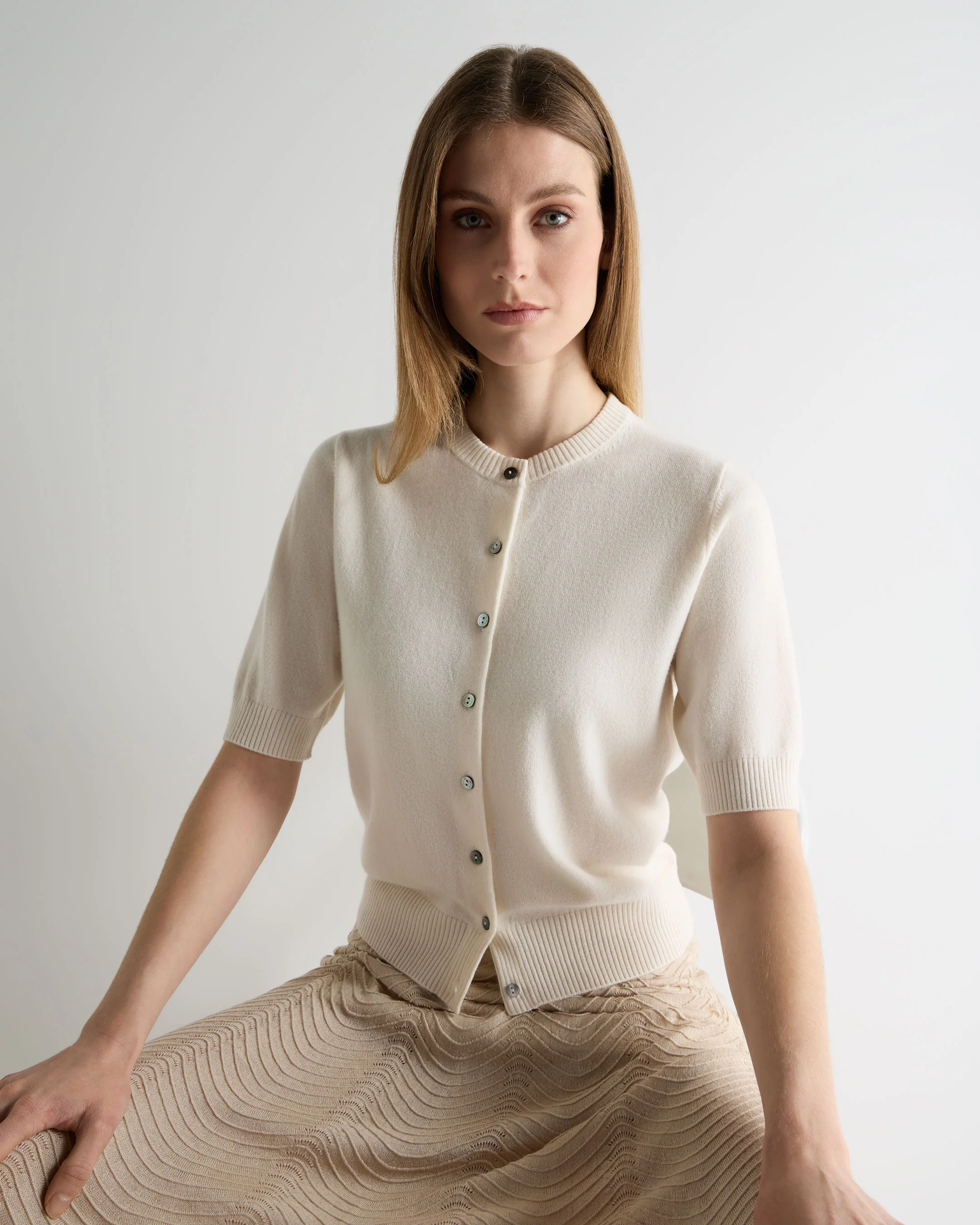 Women's Short Sleeve Cashmere Cardigan New Ivory White