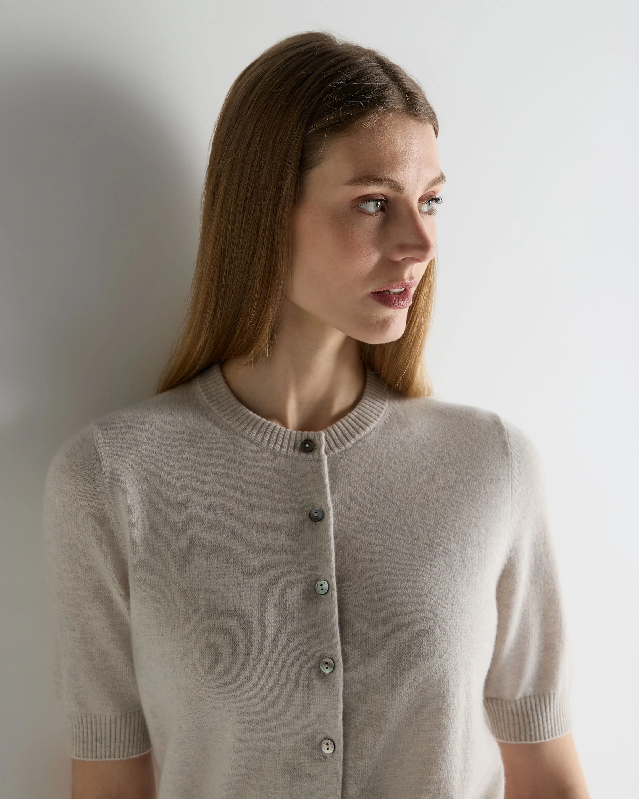 Women's Short Sleeve Cashmere Cardigan Pebble Grey - Image 5