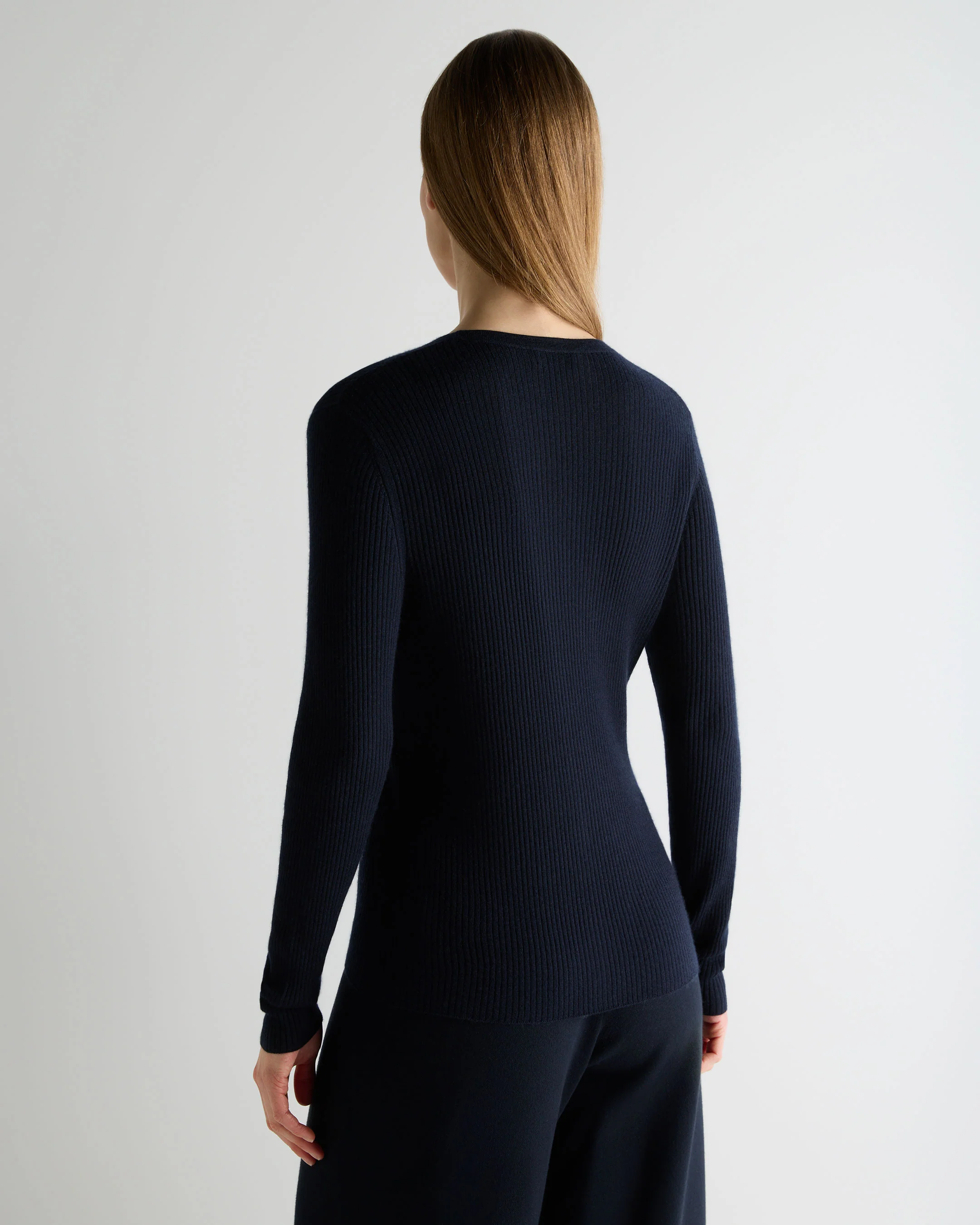 Women's Superfine Cashmere Ribbed V Cardigan Navy Blue - Image 4