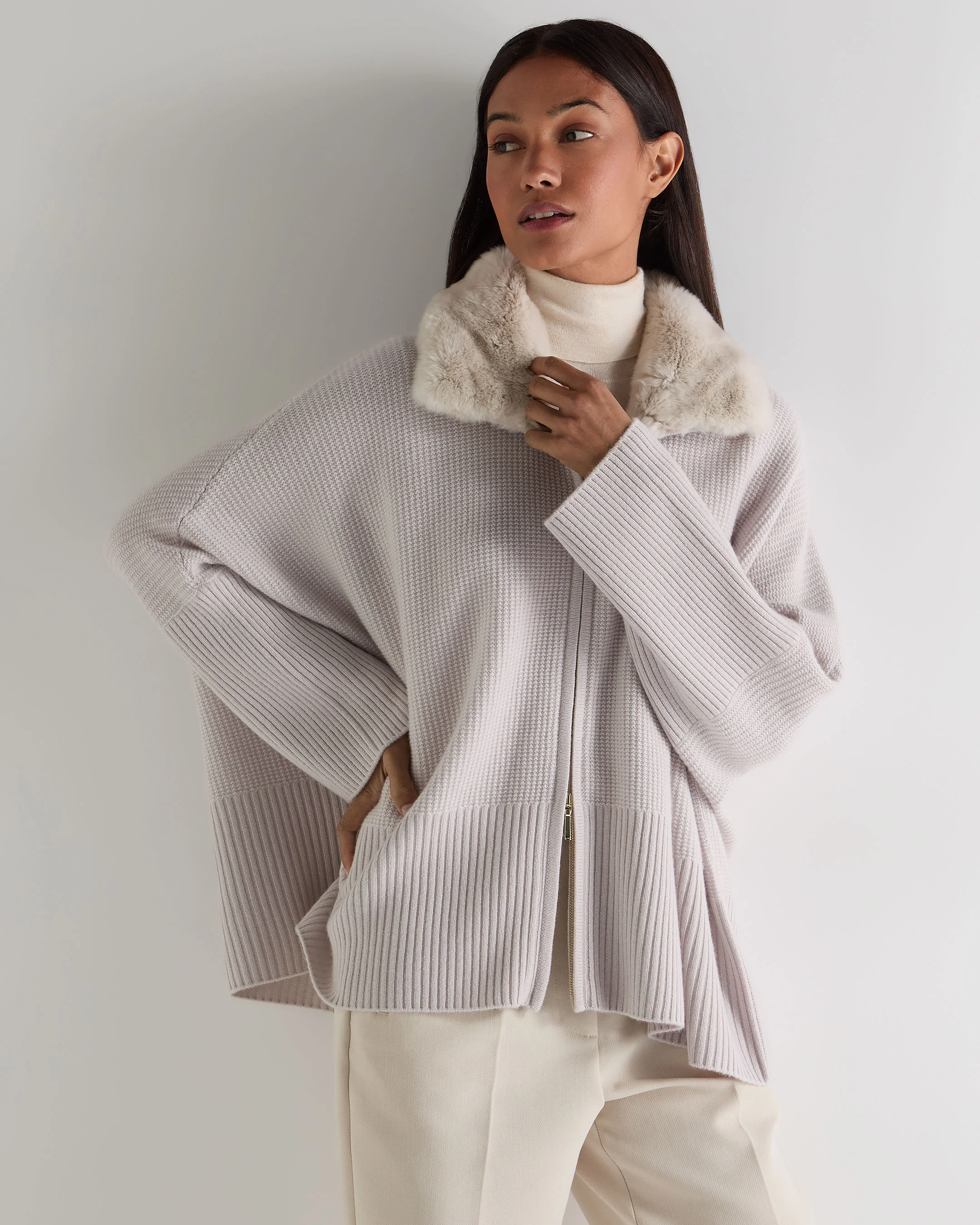 Women's Textured Zip Through Cashmere Poncho With Fur Snow Grey