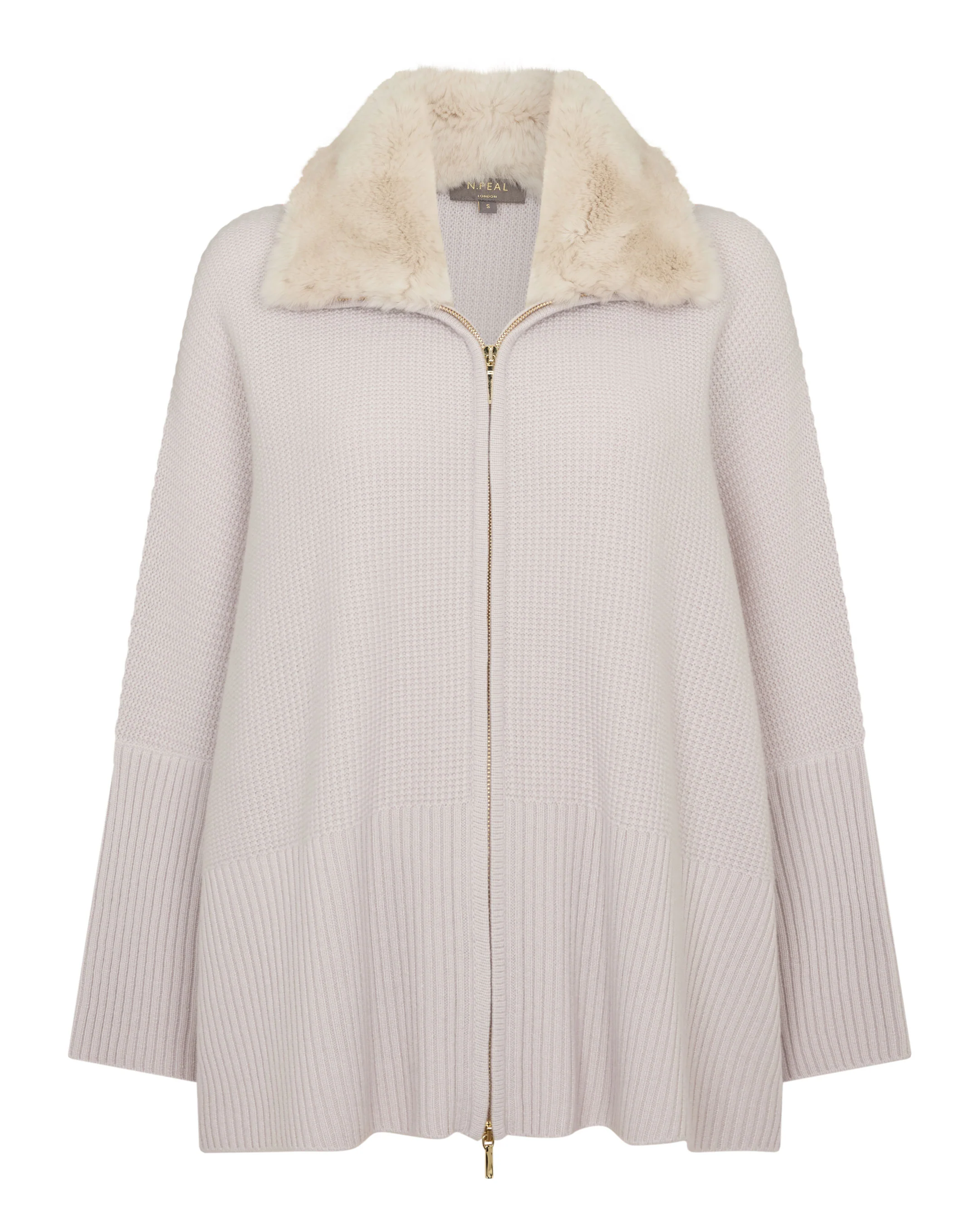 Women's Textured Zip Through Cashmere Poncho With Fur Snow Grey - Image 2