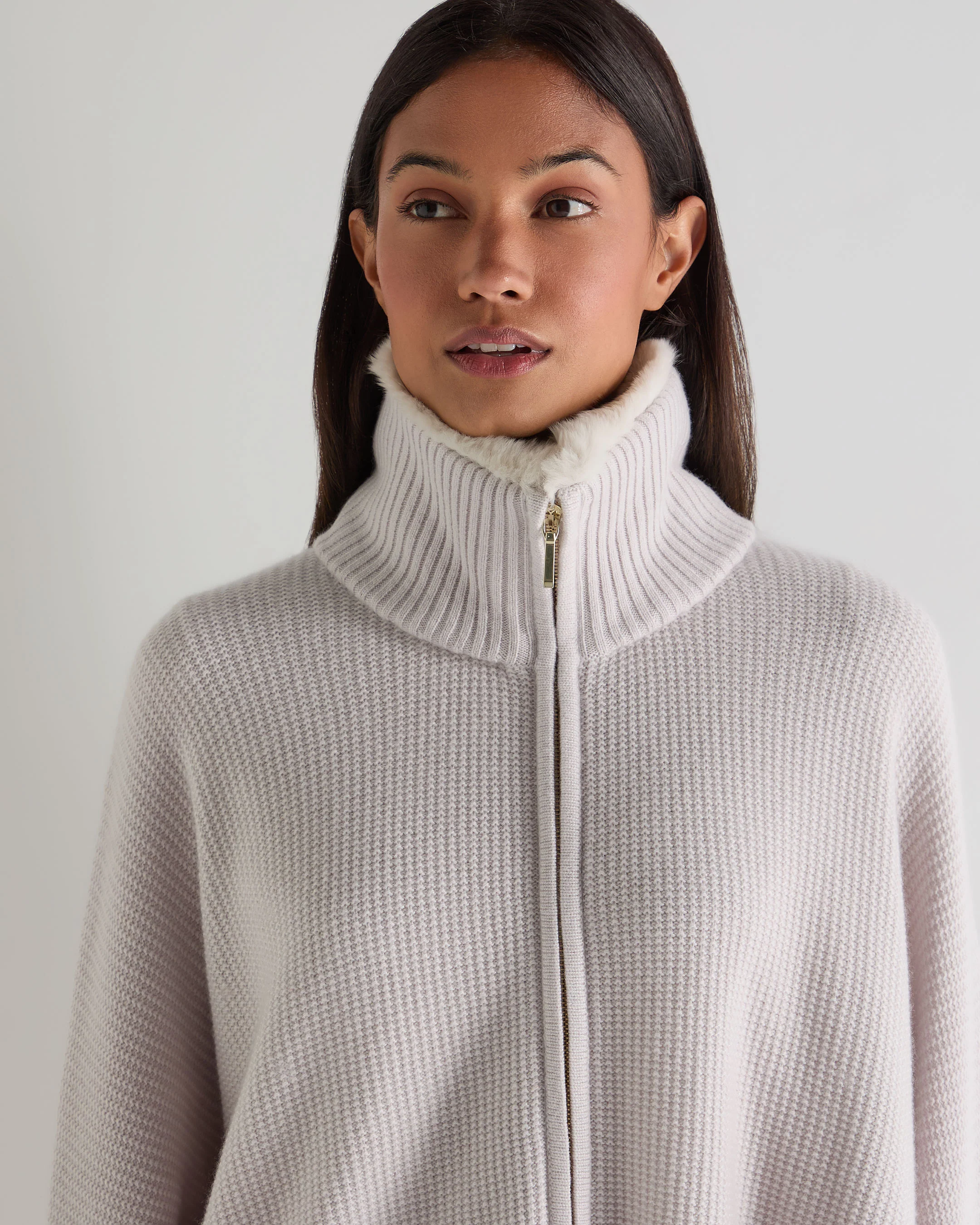 Women's Textured Zip Through Cashmere Poncho With Fur Snow Grey - Image 5