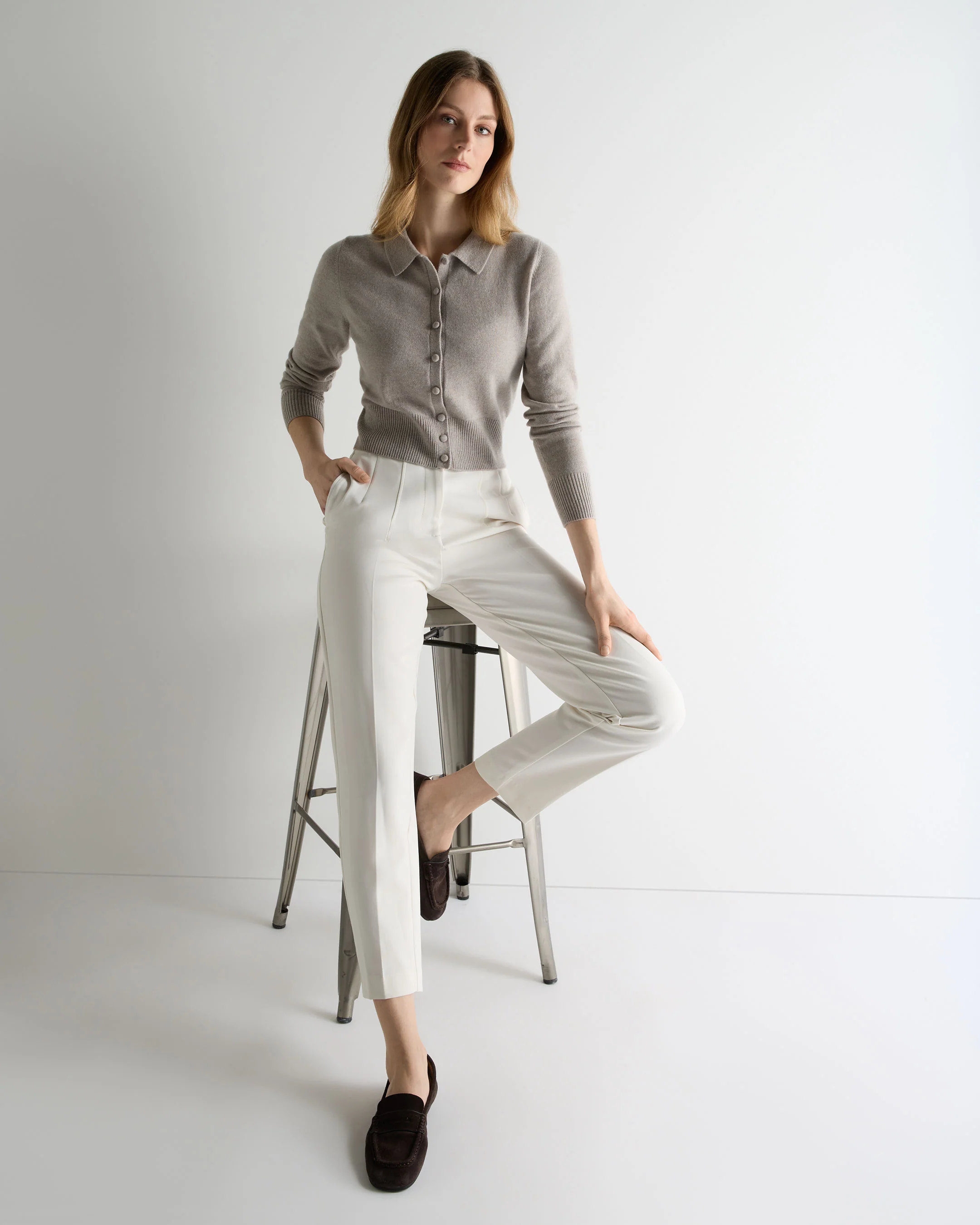 Women's Thea Collared Cashmere Cardigan Oat Grey - Image 3