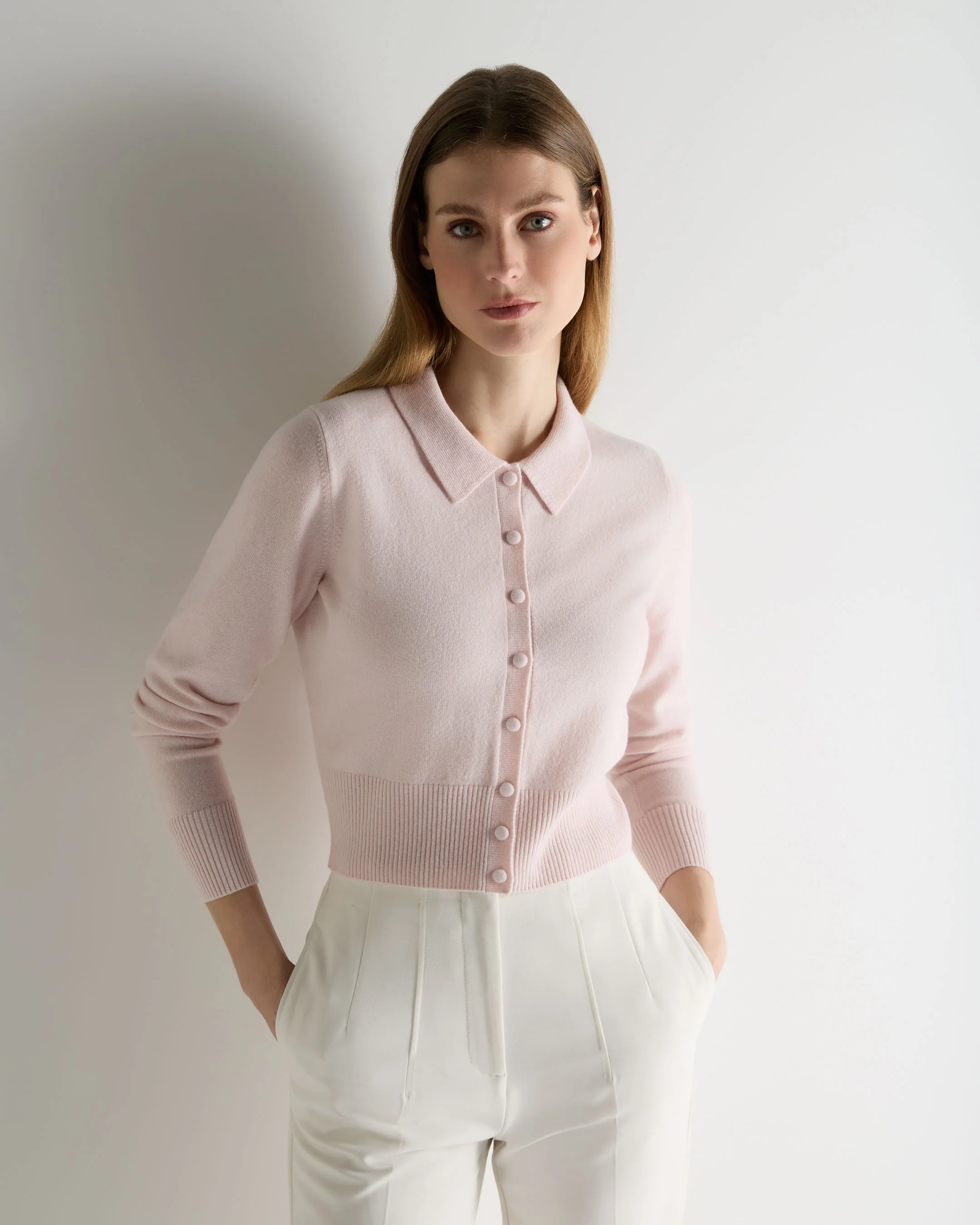 Women's Thea Collared Cashmere Cardigan Powder Pink