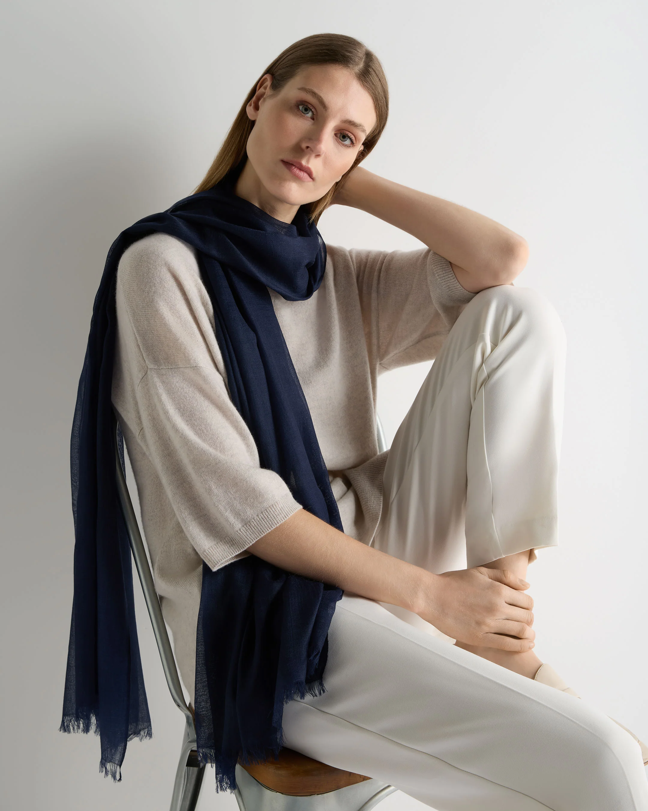 Women's Ultrafine Pashmina Cashmere Shawl Deep French Blue - Image 3
