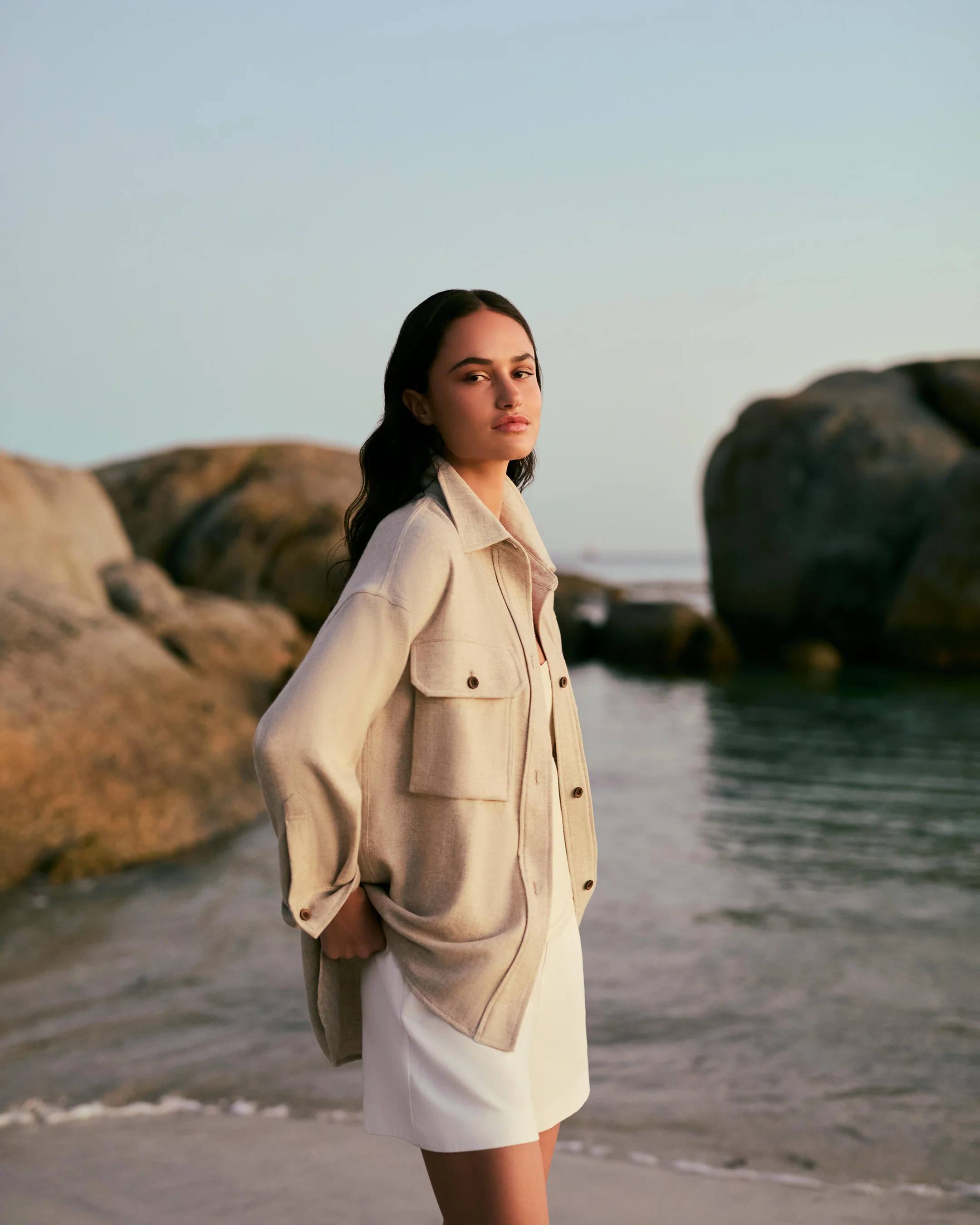 Women's Woven Cashmere Overshirt Beige Brown - Image 7
