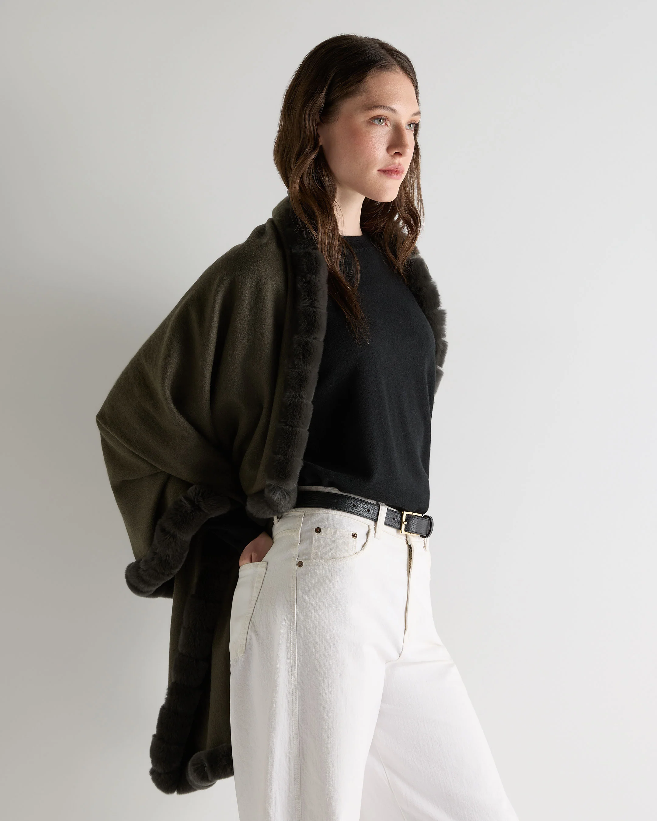 Women's Meribel Woven Fur Trim Cashmere Shawl Arabica Khaki Green - Image 3