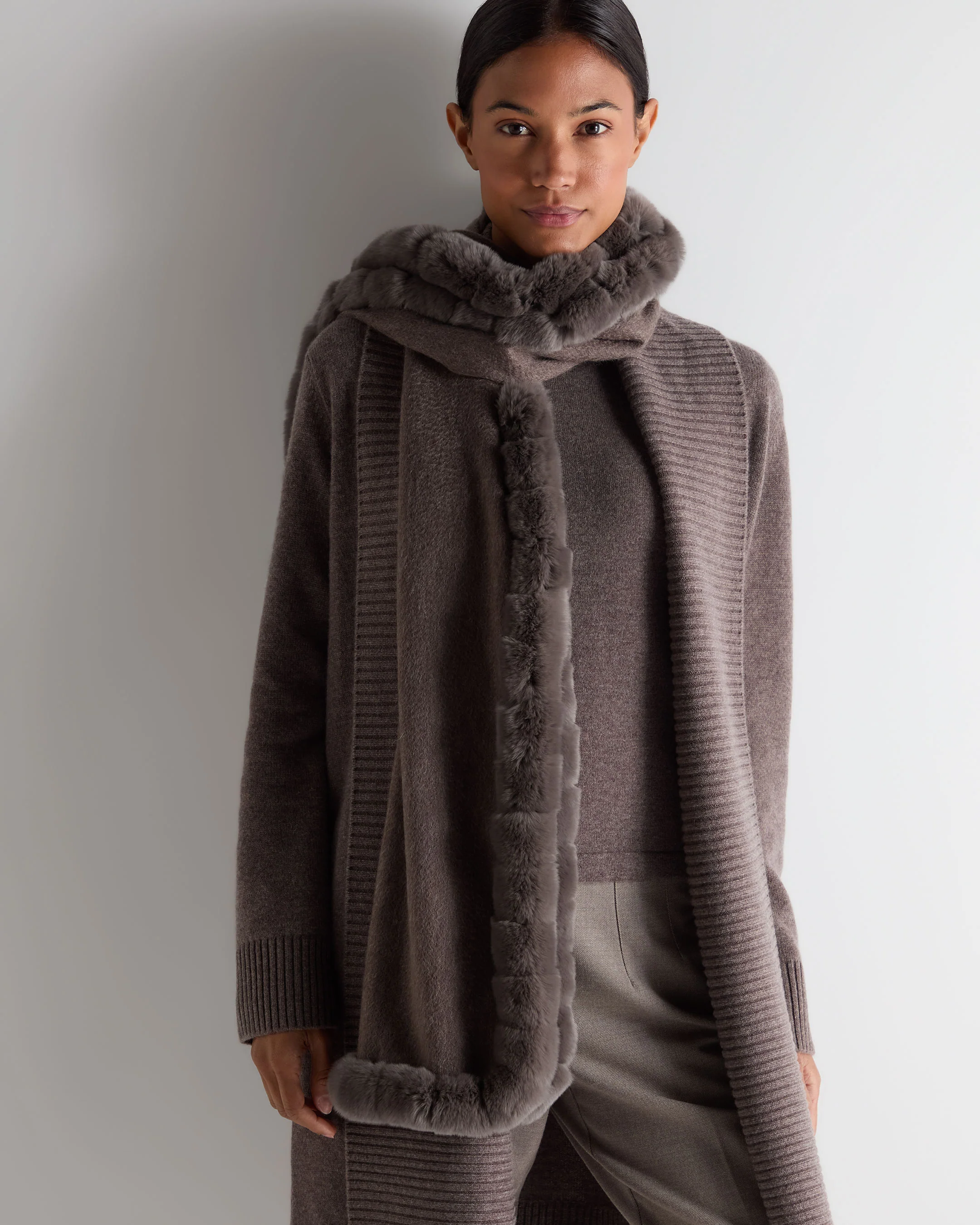 Women's Meribel Woven Fur Trim Scarf Otter Brown - Image 2