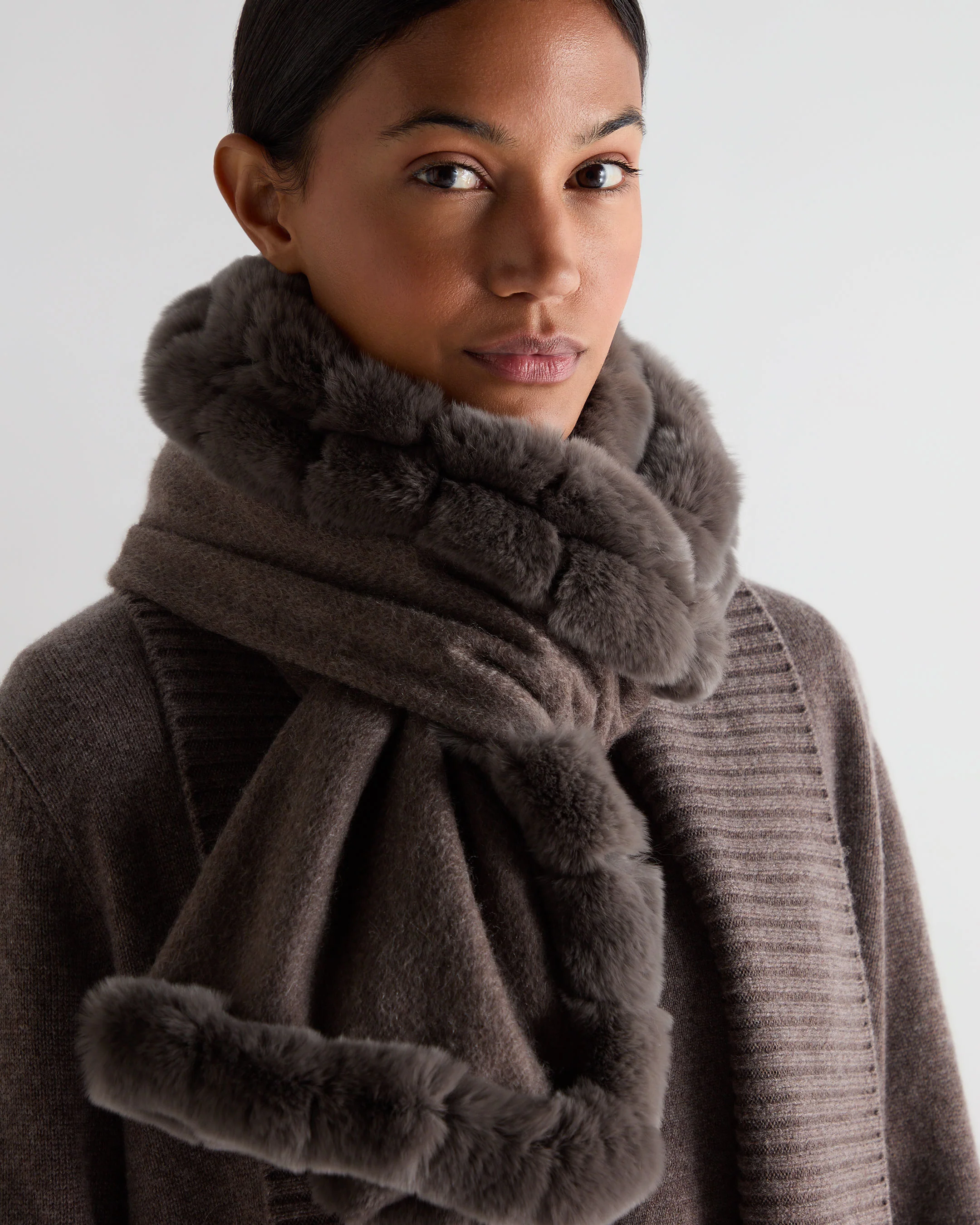 Women's Meribel Woven Fur Trim Scarf Otter Brown - Image 3